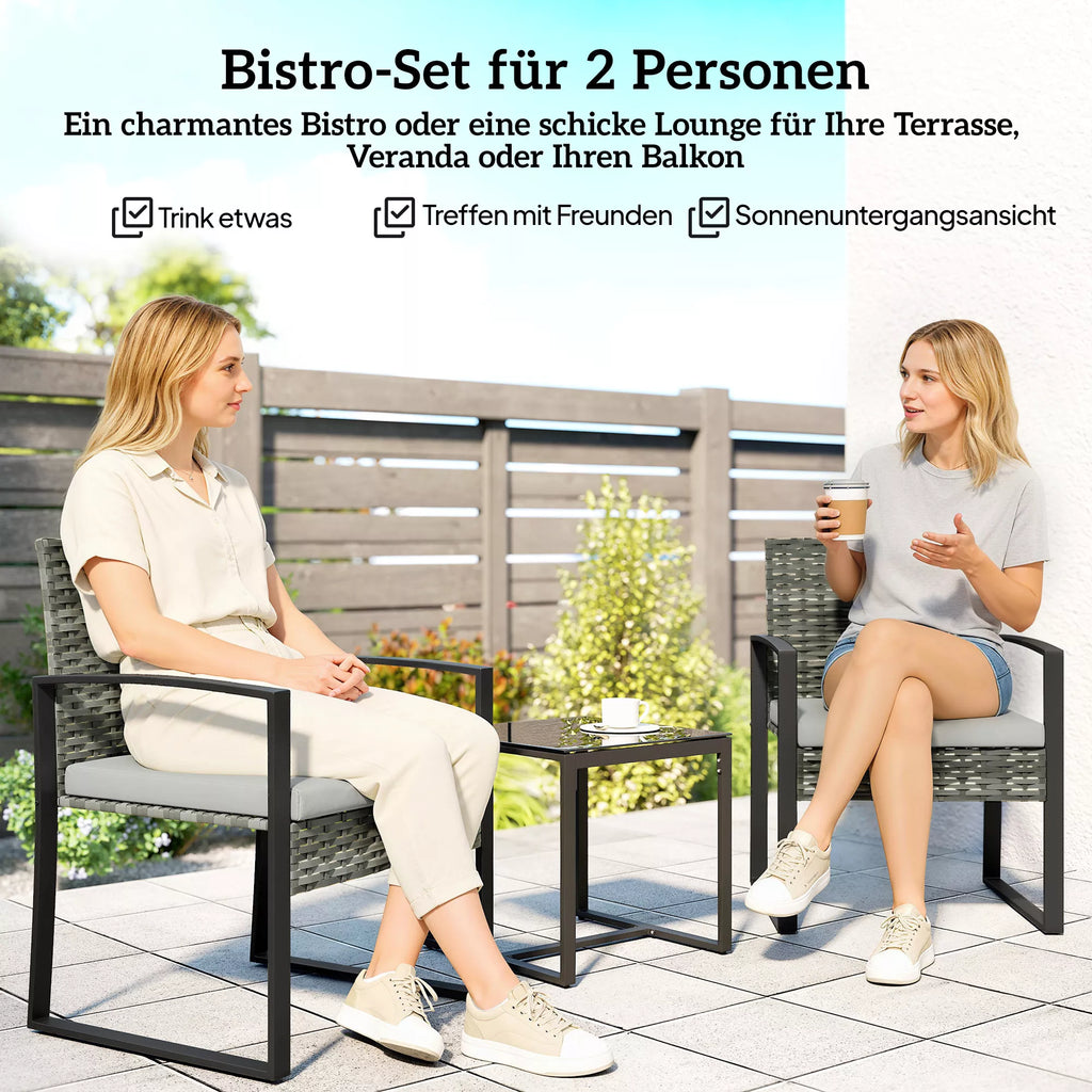 Rattan bistro rinkinys, 3 dalių sodo baldų rinkinys su 2 sodo kėdėmis, kavos staliuku, nuimamais pagalvėlėmis, šviesiai pilkos spalvos