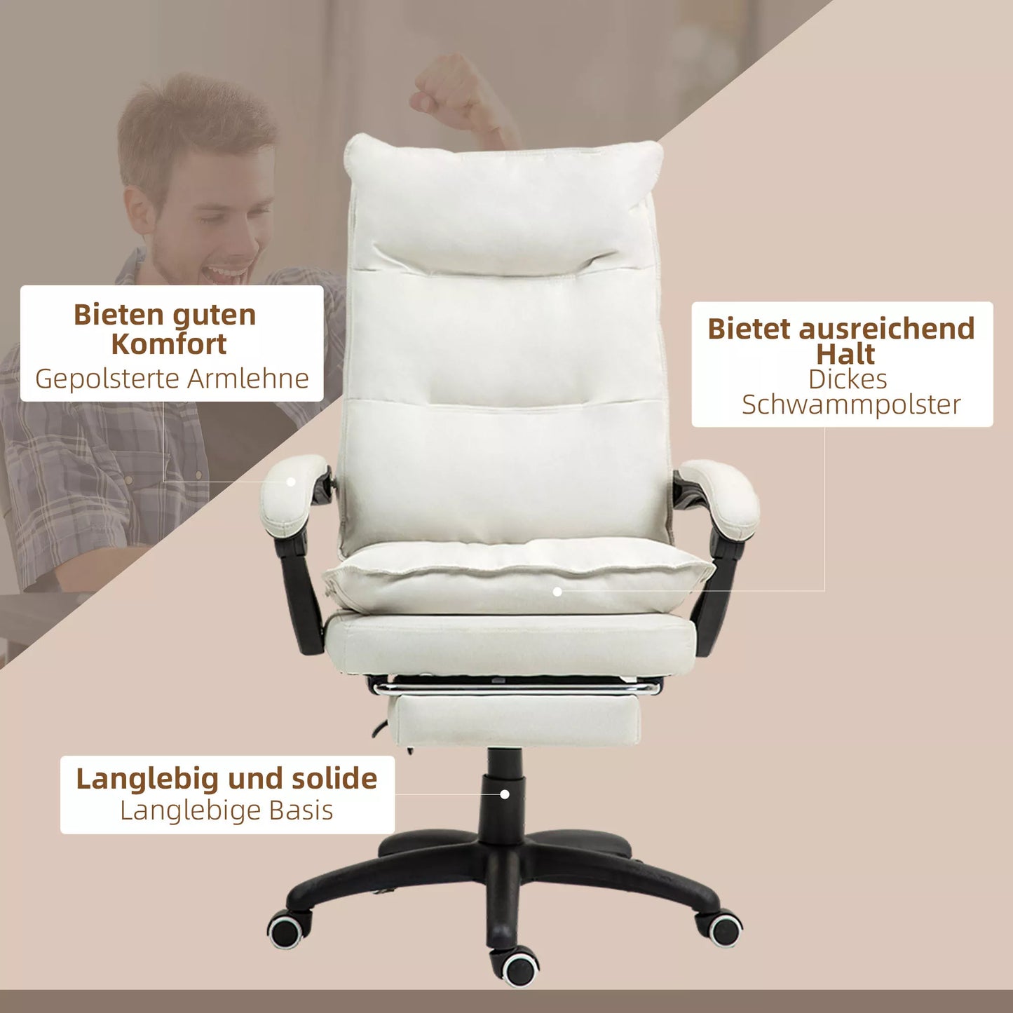 Masažinė biuro kėdė, darbo kėdė su masažo funkcija, aukščio reguliuojamas, ergonomiškas pasukamas krėslas, nailonas, kreminės baltos spalvos