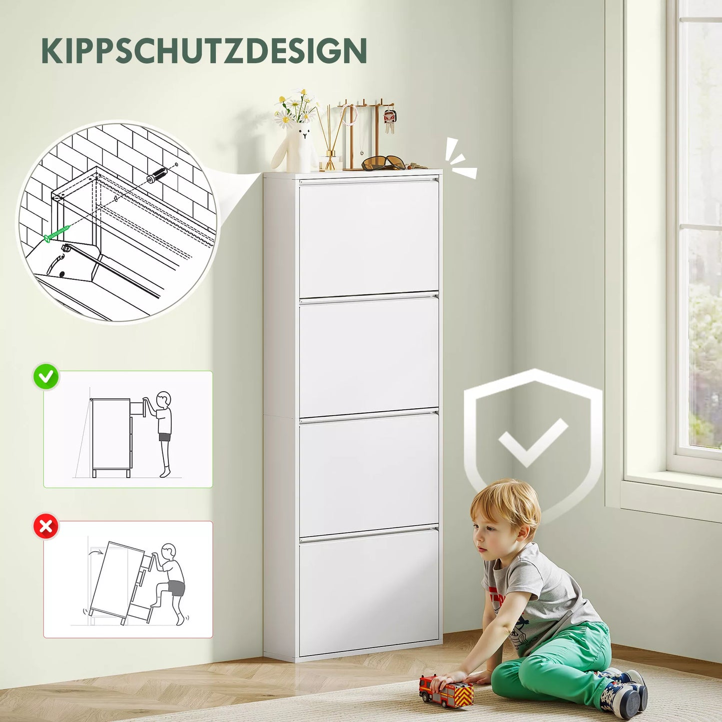 Siaura balta metalinė batų spintelė iki 8 porų batų, 4 atlenkiamos durelės, skirta prieškambariui, koridoriui