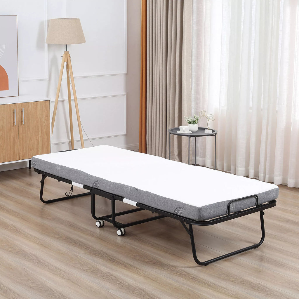 Sulankstoma lova 80x200 cm Suaugusiųjų svečių lova Sulankstoma su 10 cm storio putų guma Kelioninė lova su plieniniu rėmu Lauko lova su ratukais, atlaiko iki 150 kg svorį Viengulė lova