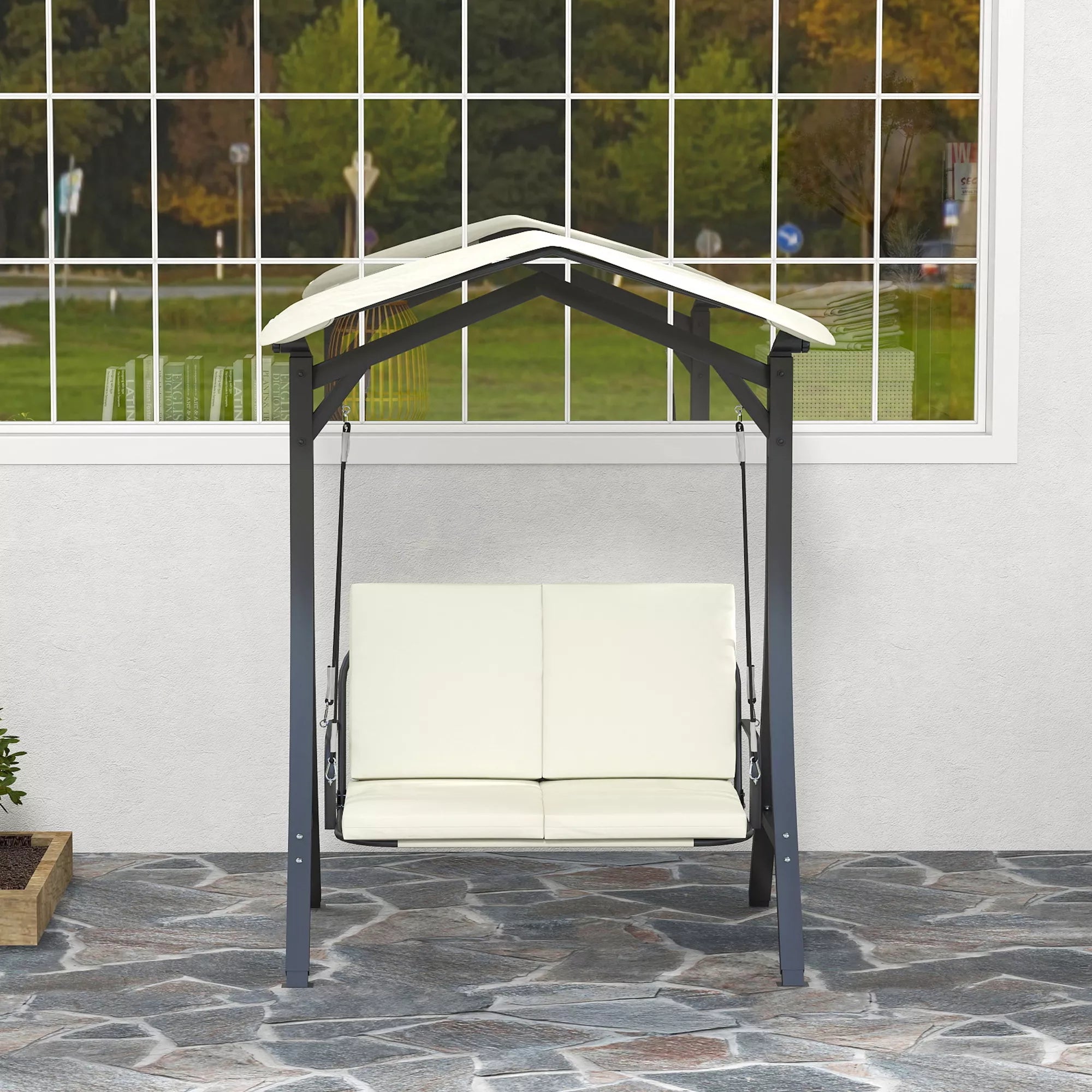 Lauko, sodo  sūpynės su reguliuojamu saulės stogu, sėdimoji dalis, 2 vietos, iki 220 kg, 150 x 120 x 182 cm, kreminė balta