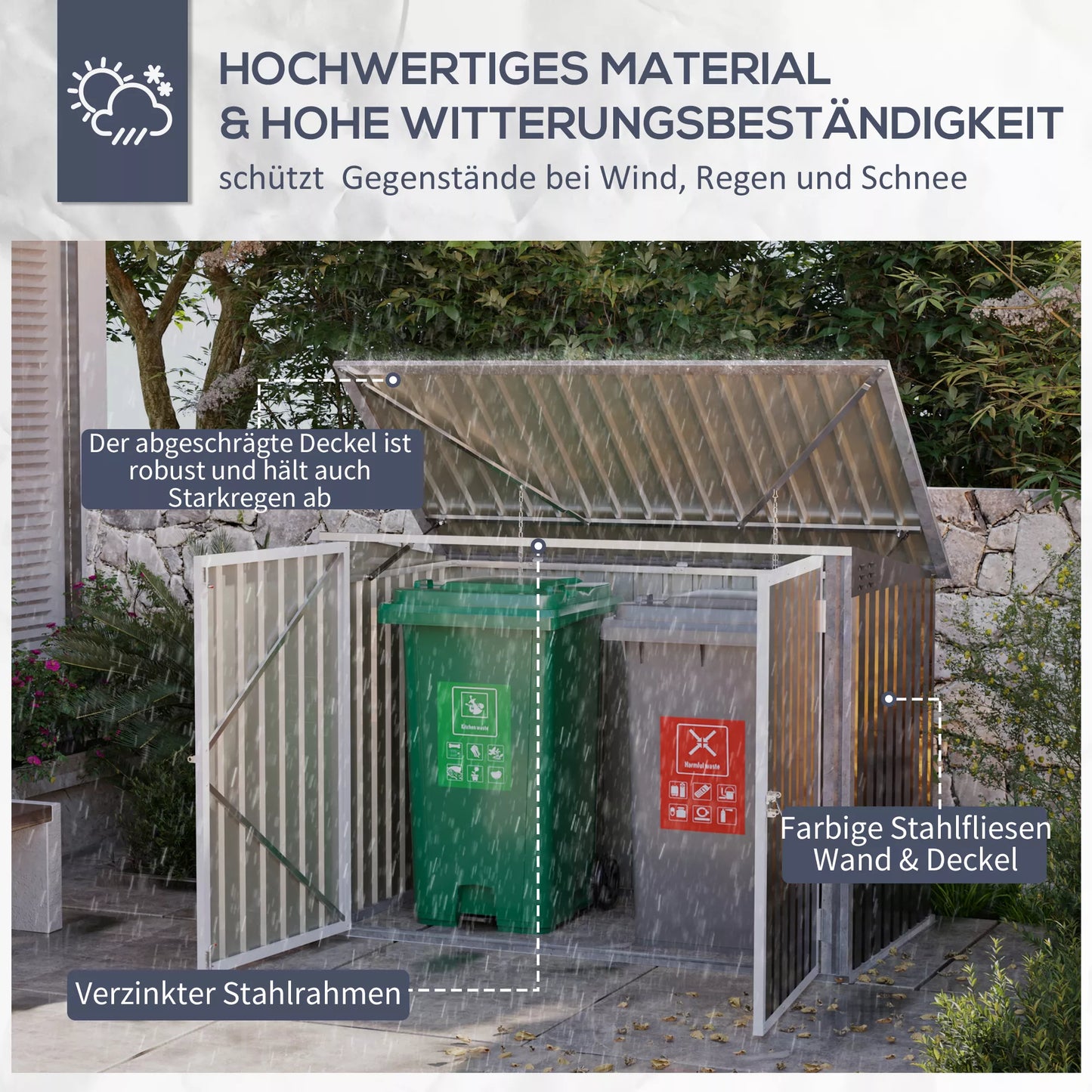 Lauko šiukšliadėžių dėžė Storer, užrakinama įrangos dėžė 2 šiukšliadėžėms, plieninė, 178,5 x 104,5 x 128,5/113 cm, juoda