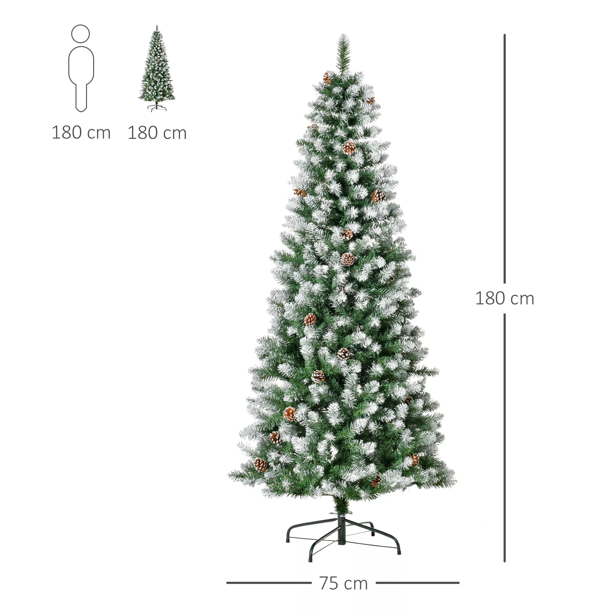 Dirbtinė Kalėdų eglė, 630 šakų, 37 kankorėžiai, sniego padengtos viršūnės, atspari ugniai, 180 cm