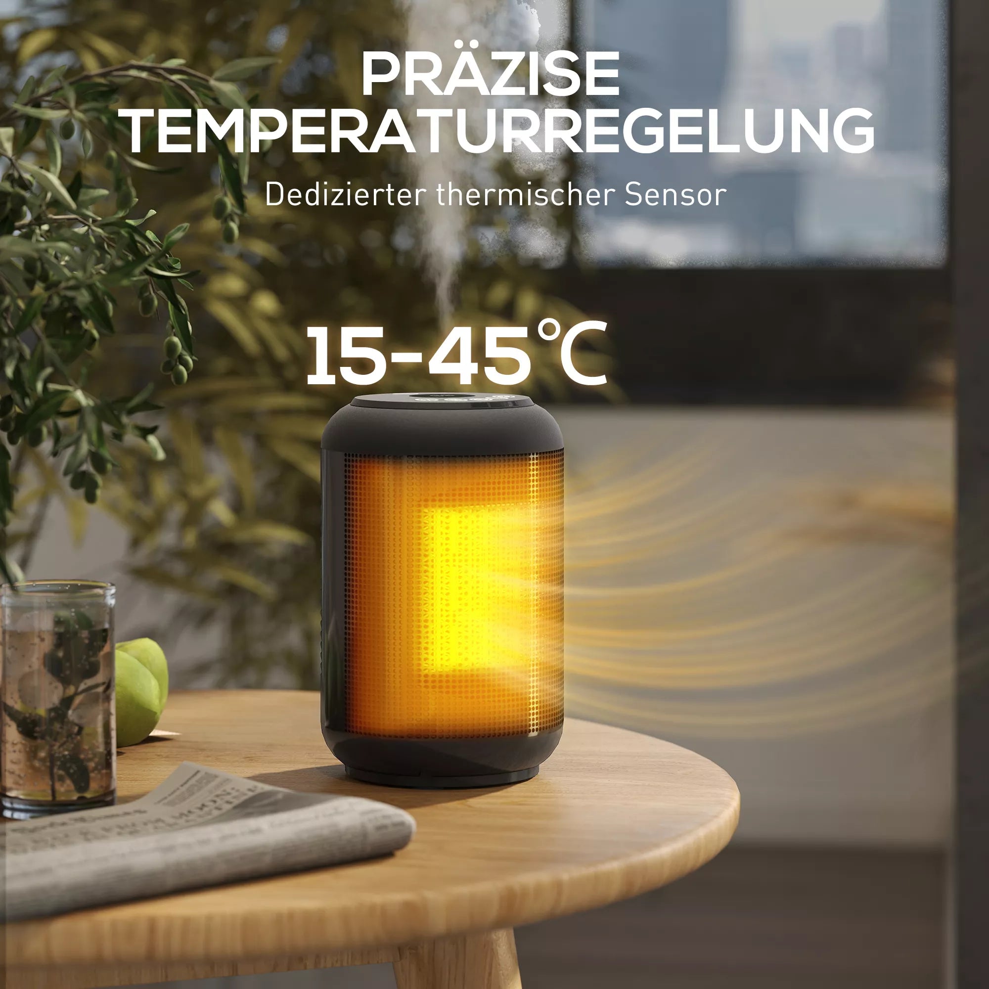 Šildymo įrenginys, 1500 W šildytuvas su 3 režimais, 24 valandų laikmatis, apsauga nuo apvirtimo ir perkaitimo, 14 x 14 x 21,5 cm, juodas