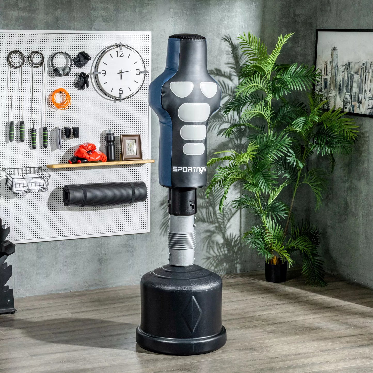 Pastatomas bokso treniruoklis, reguliuojamo aukščio, su sunkiu pagrindu, dirbtinė oda, juoda+pilka+mėlyna, 55 x 55 x 178-207 cm