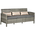 Rotango sofa su pagalvėlėmis, trijų vietų, sodo poilsio sofa, plienas, pilka, 173 x 68 x 78 cm