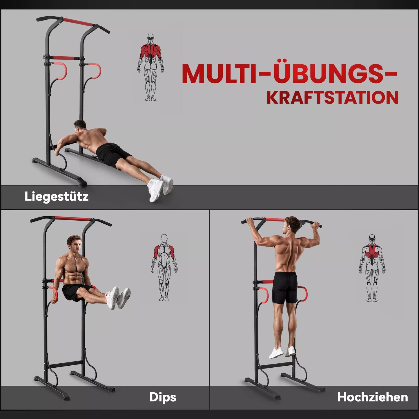 Power Tower reguliuojamas aukščiu, Dip stotelė su prisitraukimo skersiniu, siurbtukais, jėgos stotelė namams