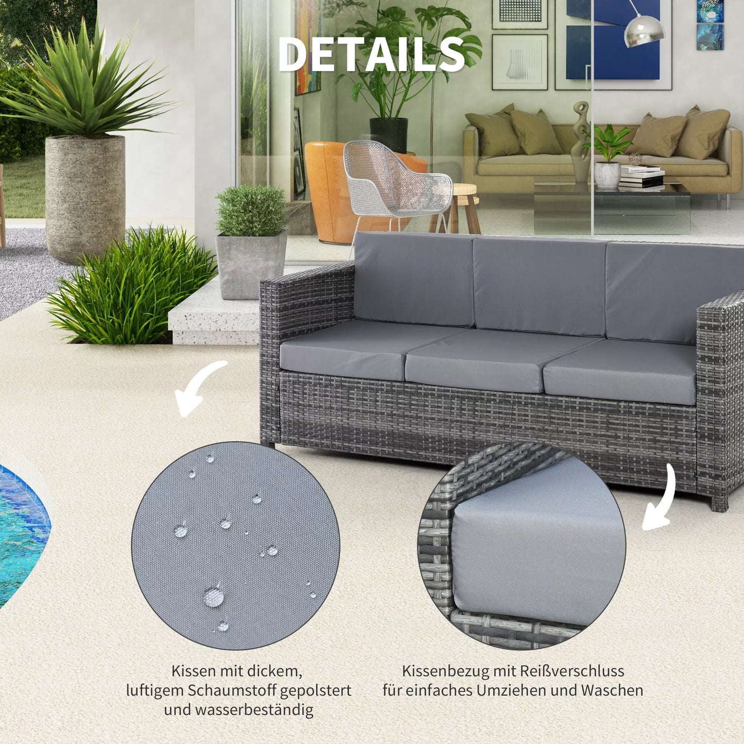 Poli-rotango sofa su pagalvėlėmis, 3 vietų, sodo poilsio sofa, metalas, poliesteris, pilka, 185 x 70 x 80 cm