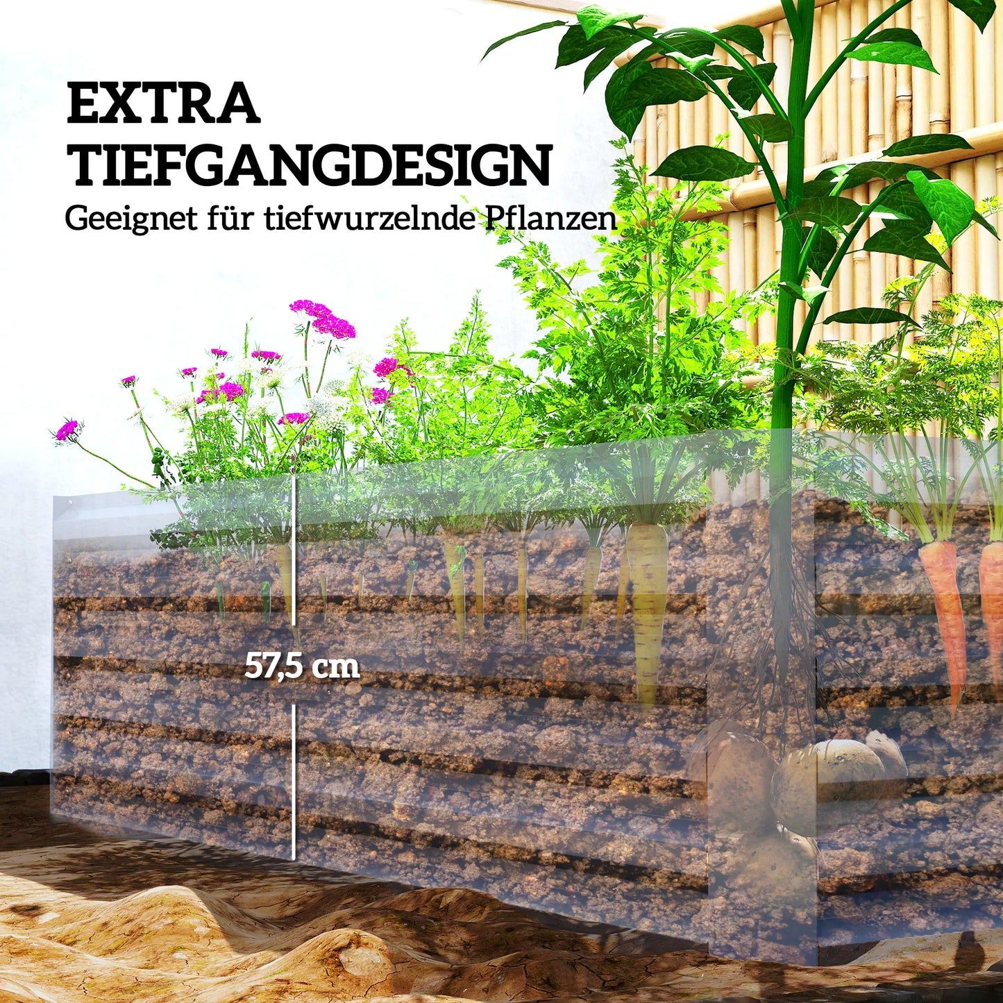 Aukštas metalinis daržo lysvė 180 x 90 x 57,5 cm gylio su atviru dugnu ir tamsiai pilkos spalvos atramine strypu