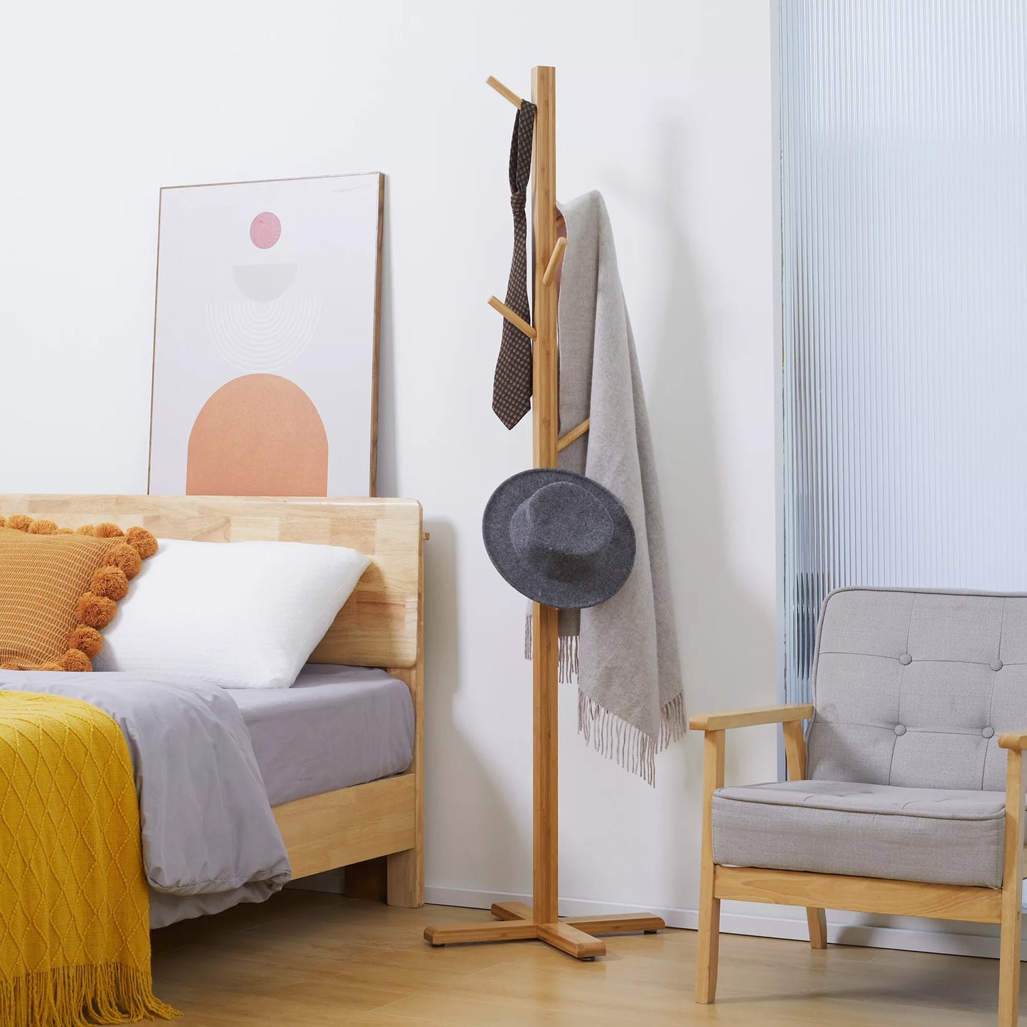 Pakabinamas drabužių ir skrybėlių stovas, 8 kabliukai, 49,5 cm x 49,5 cm x 178 cm, natūralus