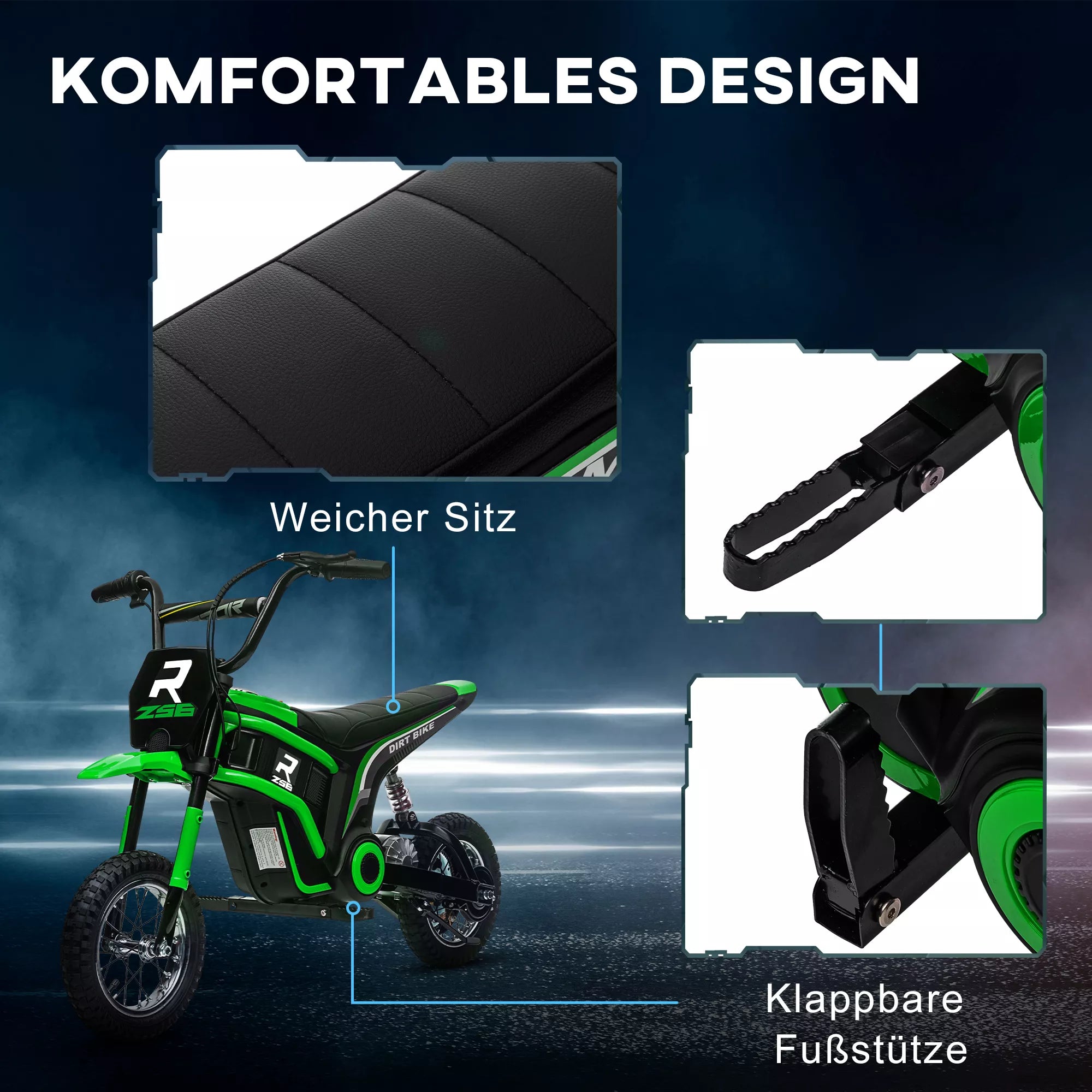 Vaikiškas elektrinis motociklas, 8–12 metų vaikams, iki 65 kg, žalias