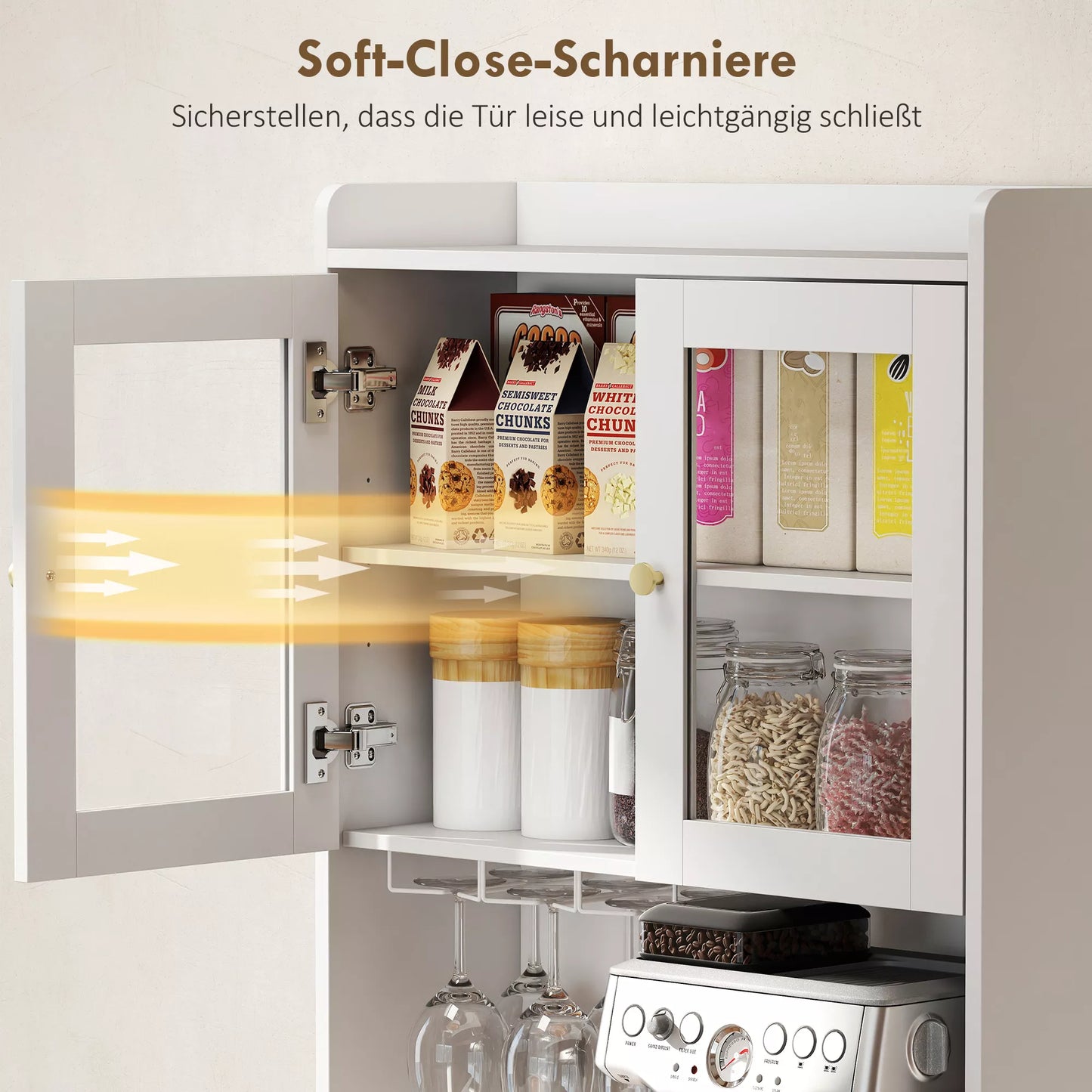 Virtuvės spintelė su darbo paviršiumi, vyno taurių laikiklis, sandėliavimo spintelė virtuvėje, valgomojo kambaryje, 170 cm, MDF, stiklas, balta