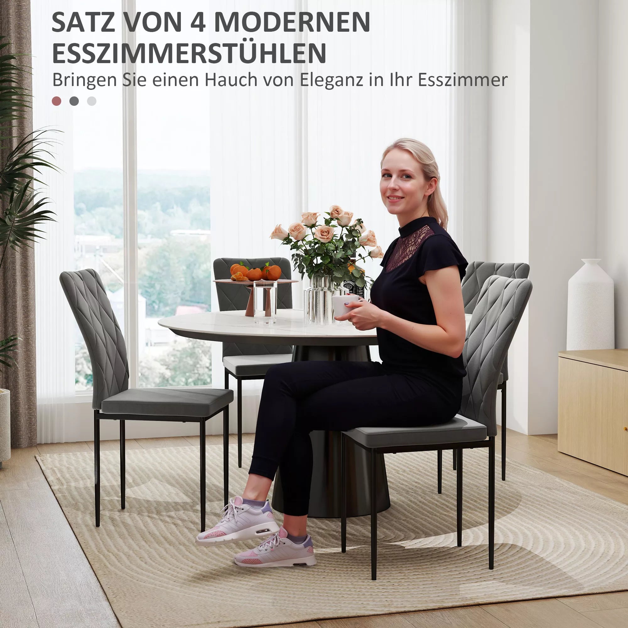 4 vnt. komplektas valgomojo kėdžių aksomo išvaizdos, modernios paminkštintos kėdės su metalinėmis kojomis, valgomajam, miegamajam, virtuvei, pilkos