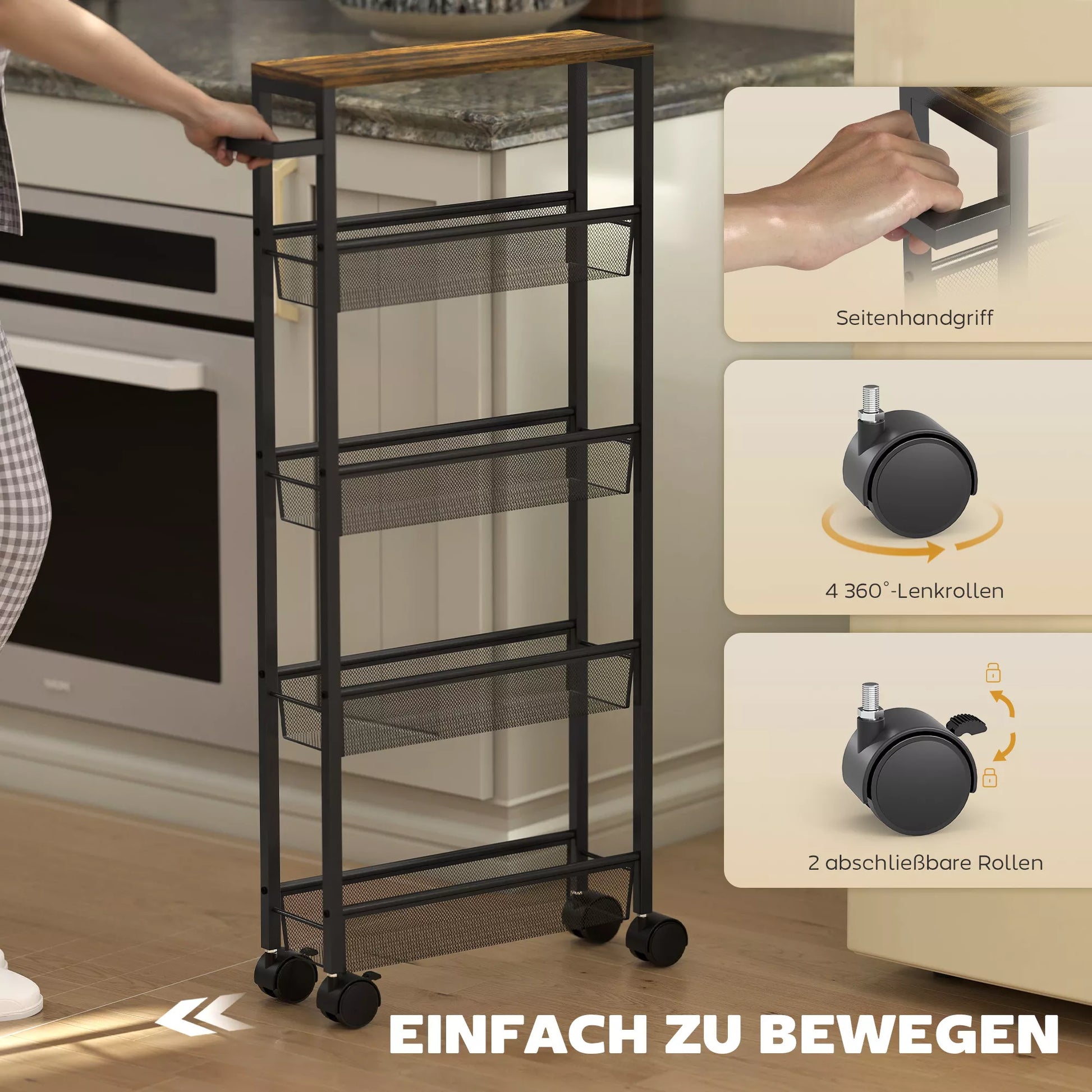 Virtuvės vežimėlis 5 lygių padėklų vežimėlis, virtuvės lentynos su darbo stalviršiu, ratukai, rankena 47 x 13 x 96,5 cm, juodos spalvos