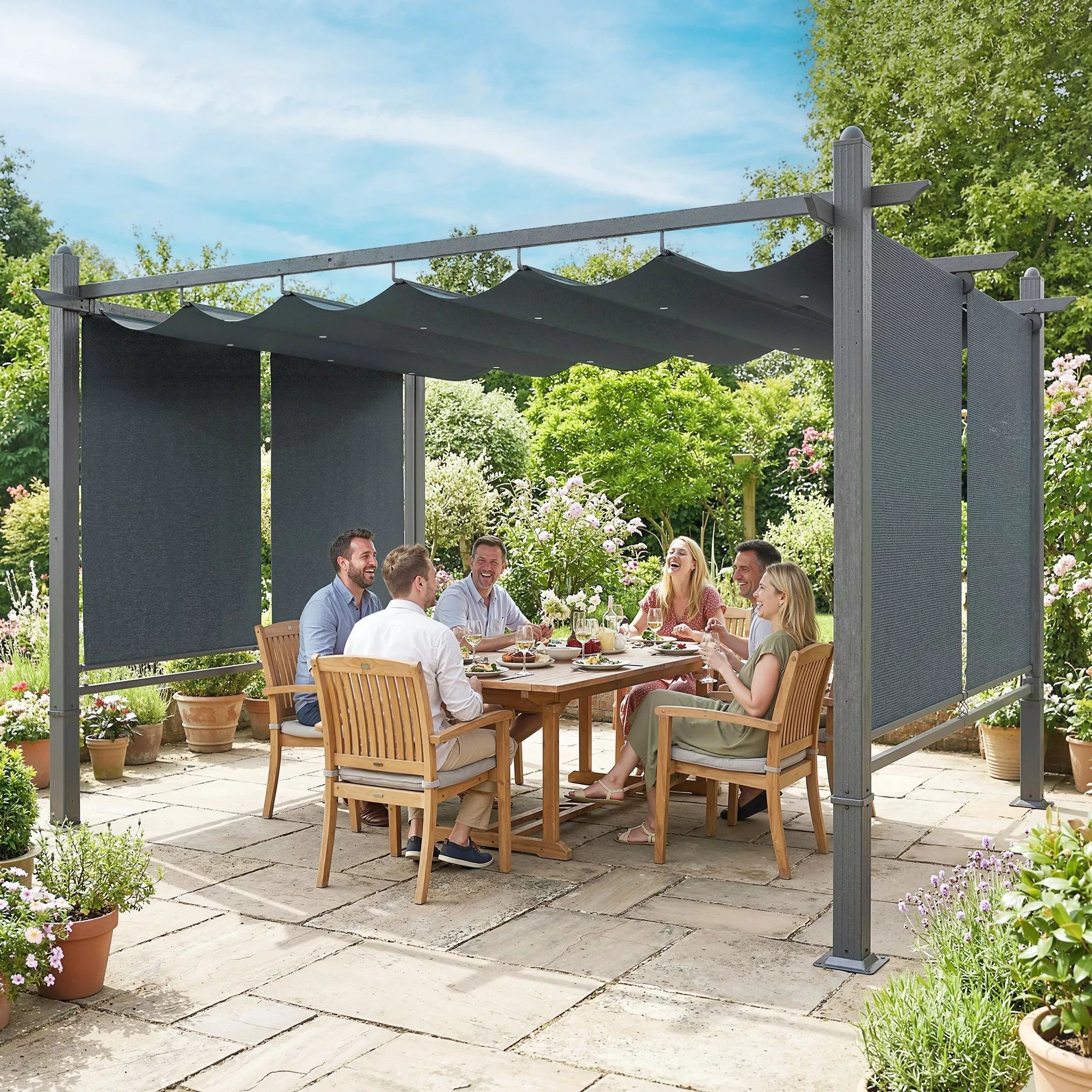 Terasos pergola su ištraukiamu stogu – 392 × 297 × 225 cm, tamsiai pilka