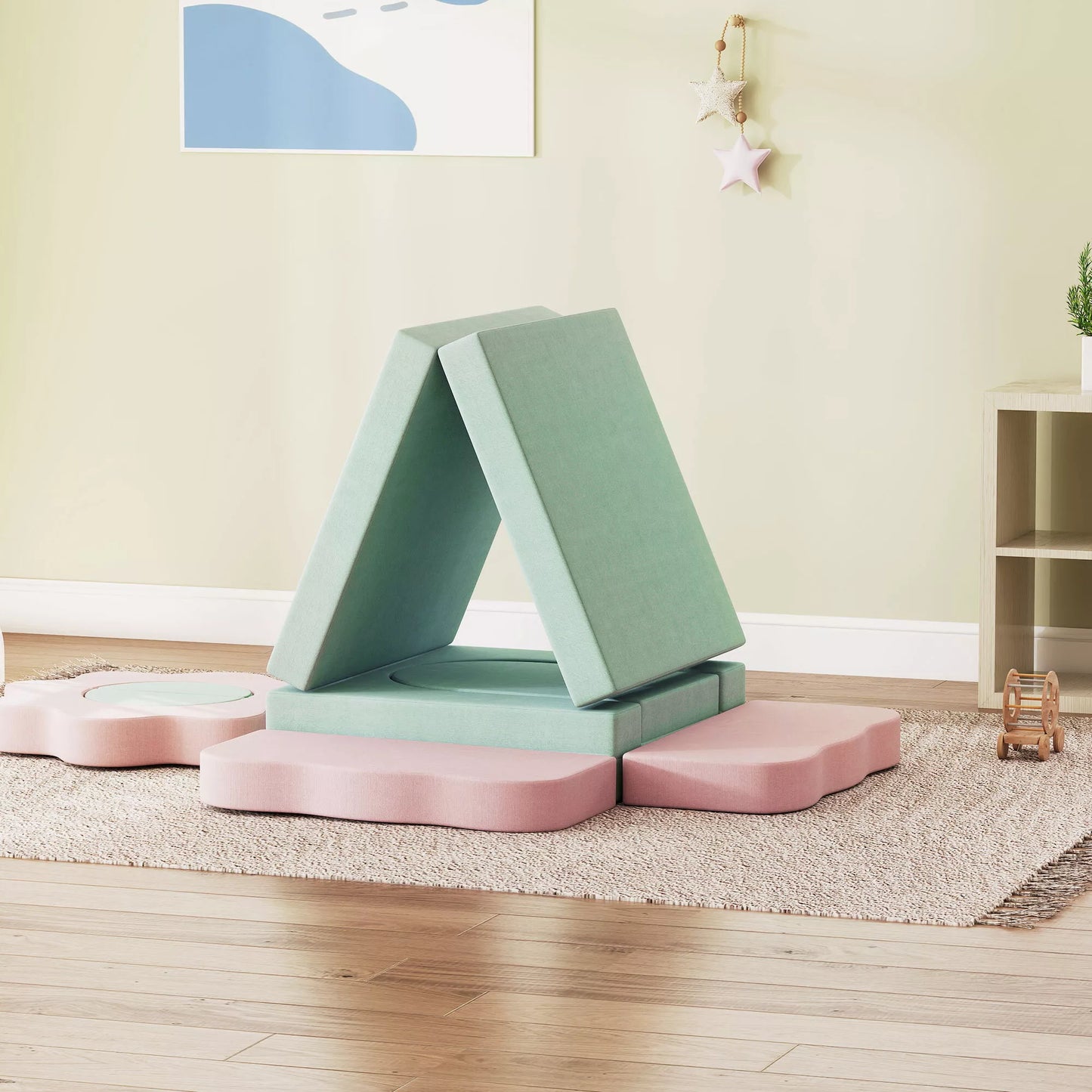 12 dalių putplasčio blokų rinkinys laipiojimui, statyboms, ropojimui, vidinėms žaidimų aikštelėms su corduro audinio užvalkalu, žalia+rožinė