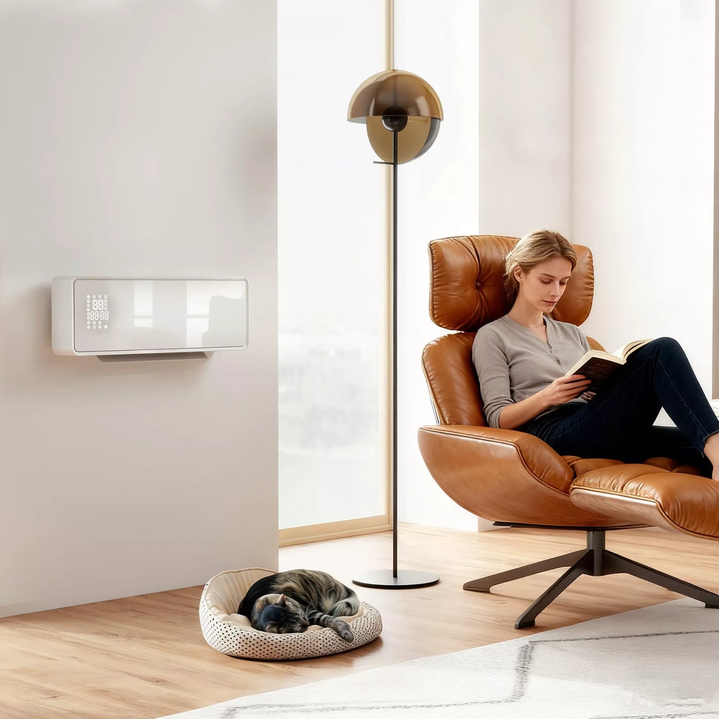 Sieninis 2000W keraminis elektrinis šildytuvas su ventiliatoriumi, termostatu, laikmačiu, nuotolinio valdymo pultu, stiklo skydeliu, baltas