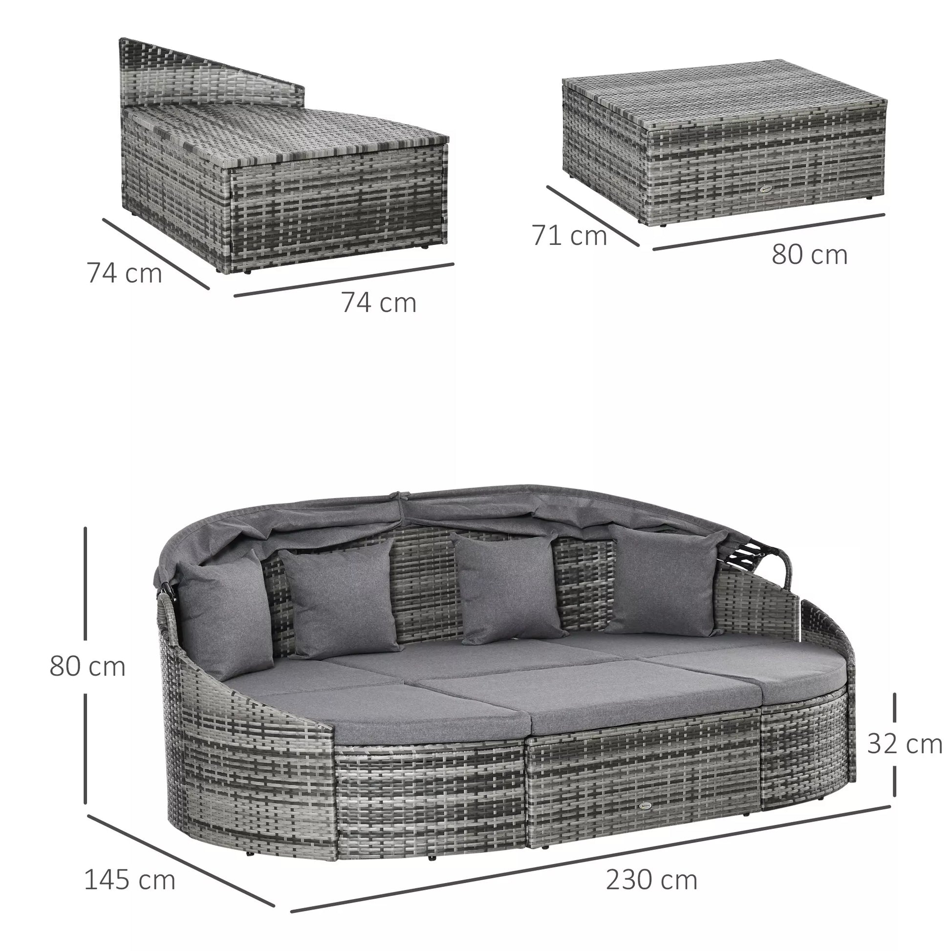 Rattan Saulės sala 4 dalių gultų sala su saulės stogu Sėdimoji grupė 4 pagalvės Metalo Pilka 230 x 145 x 80 cm