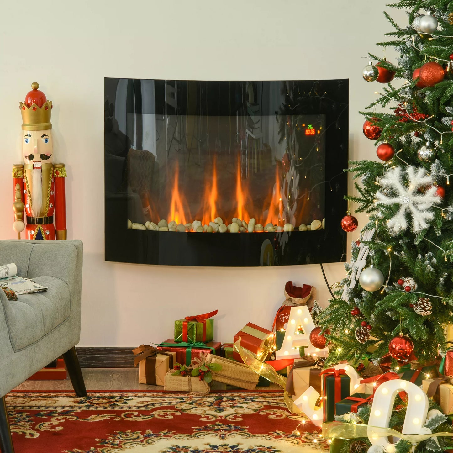 HOMCOM Elektrinis židinys su šildymu, elektrinis židinys su 3D liepsnos efektu, 7 liepsnos spalvos, 900/1800 W, sieninis židinys su laikmačiu, dekoratyvinis židinys su nuotolinio valdymo pultu, juodas, 65 cm