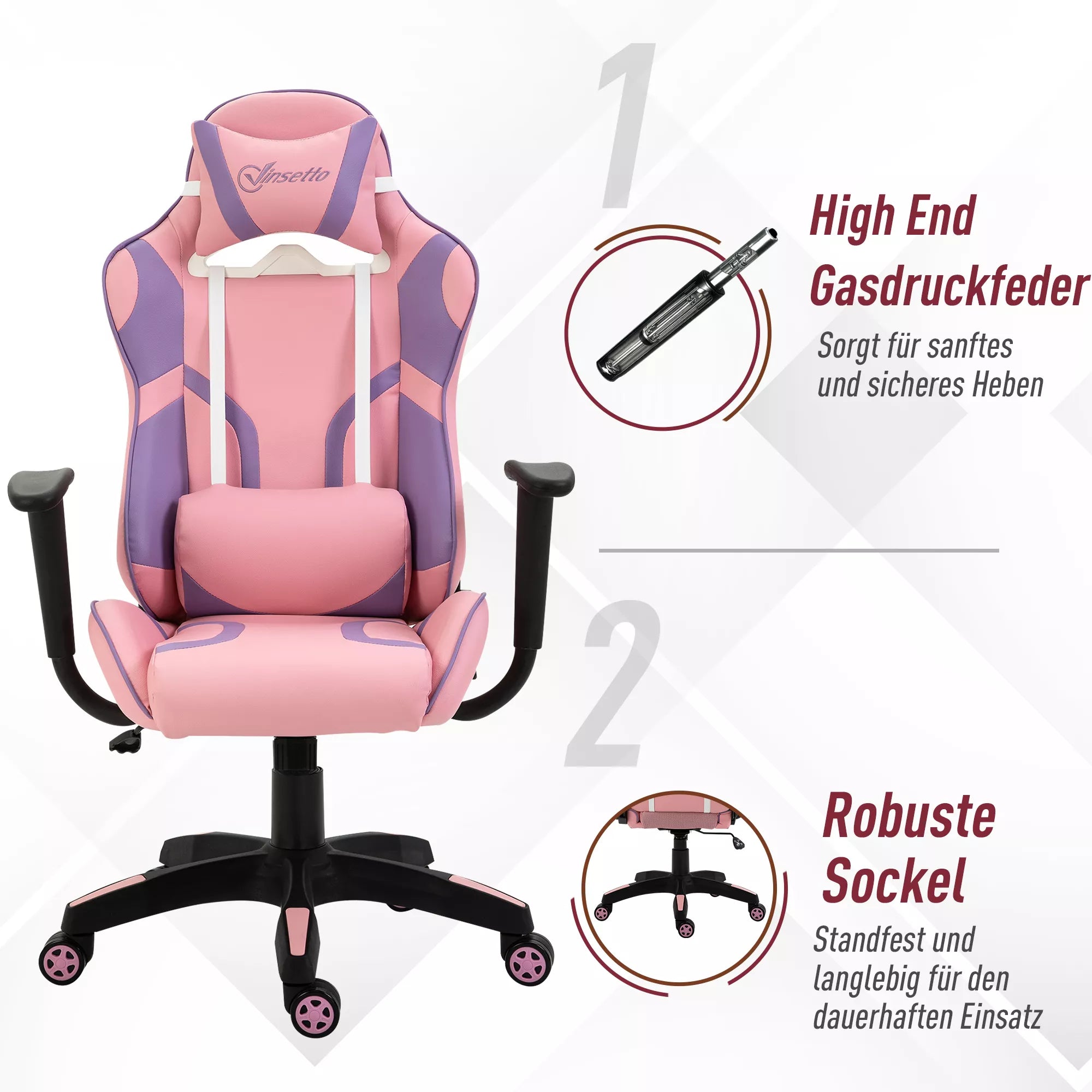 Ergonomiška žaidimų kėdė, biuro kėdė, sukamoji kėdė su reguliuojama masažine juosmens atrama, aukščio reguliavimo, rožinė ir violetinė, 69x56x125,5 cm