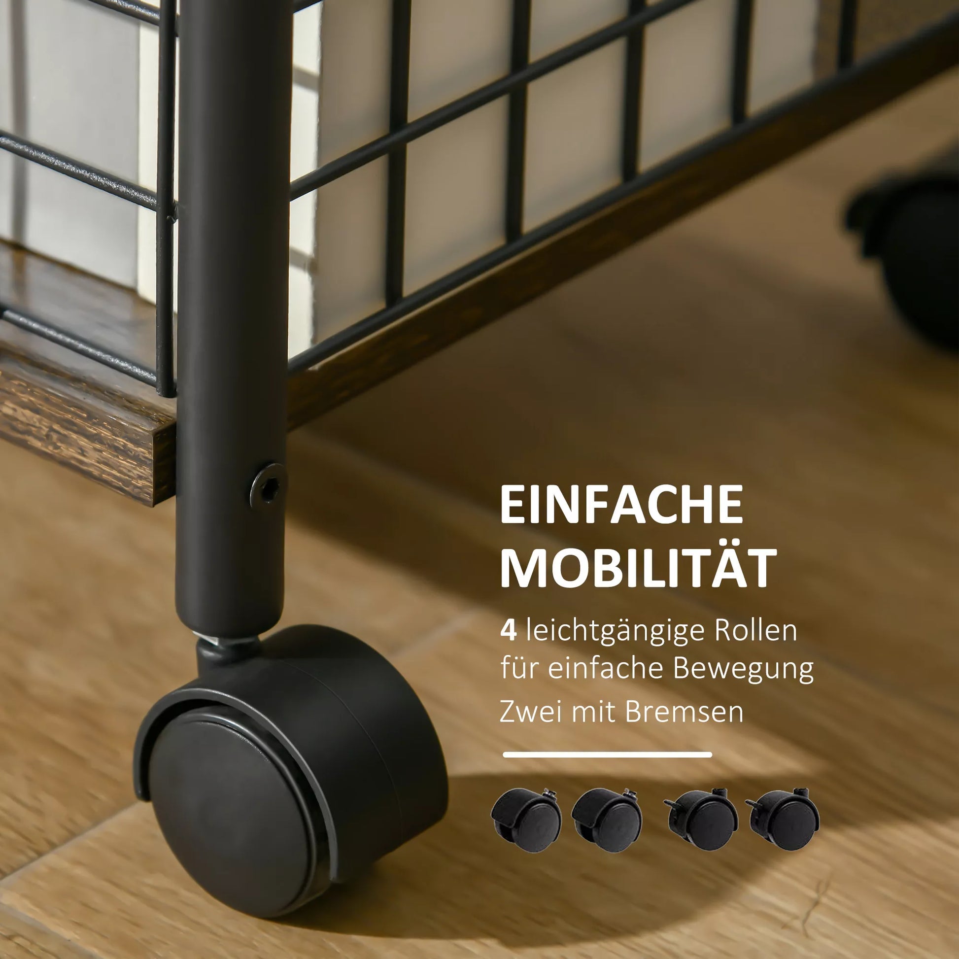 Virtuvės vežimėlis industriniame dizaine, 1 lentyna, 1 laikymo krepšys, 4 ratai, 40 cm x 30 cm x 62 cm, plienas, juoda + ruda