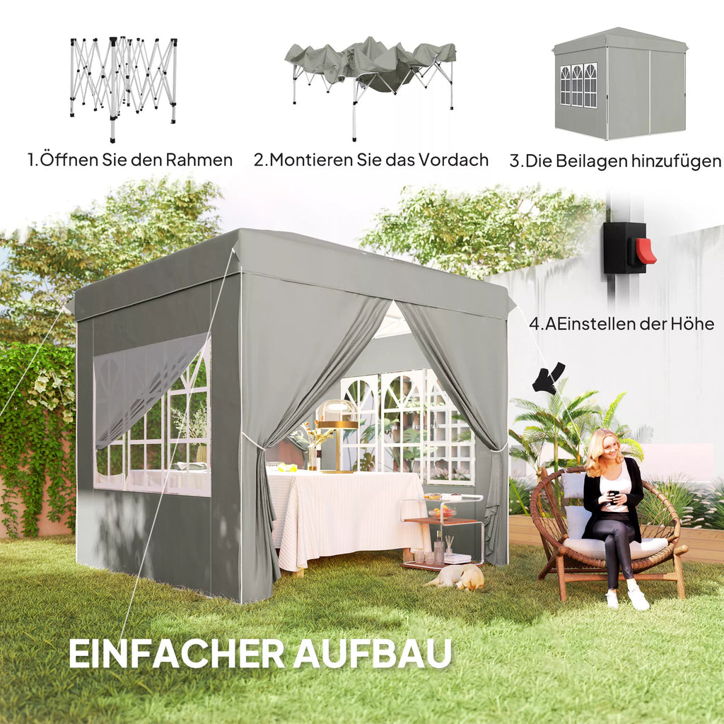 2,5 x 2,5 m Pop-up paviljonas su sienelėmis ir nešiojimo krepšiu, UPF50+ reguliuojamo aukščio sodo palapinė, šviesiai pilkas