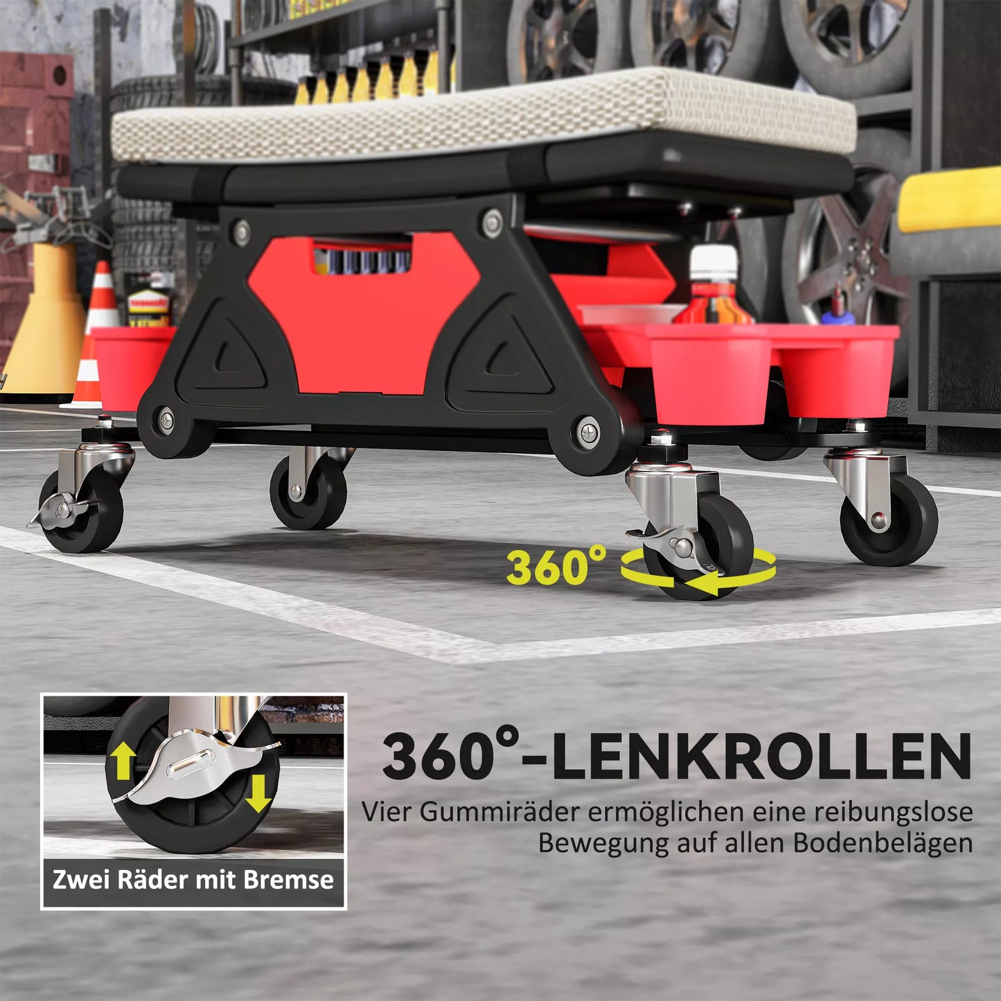 Dirbtuvės taburetė su ratukais ir laikymo lentyna, 35 cm aukščio, riedanti taburetė, atlaiko iki 135 kg, pilka