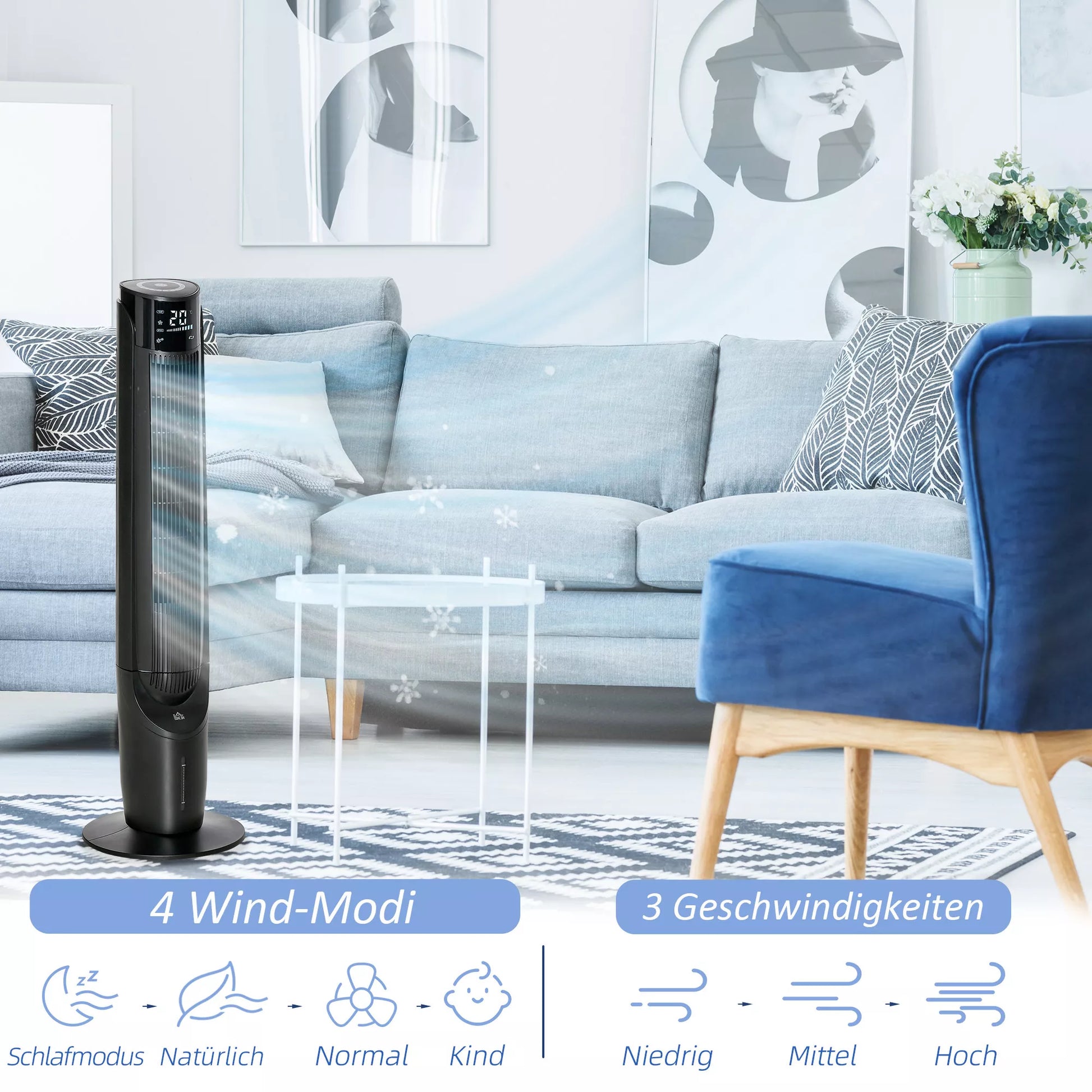 Bokštinis ventiliatorius, oro kondicionierius su 4 režimais, 3 greičiais, laikmačiu, plastikinis