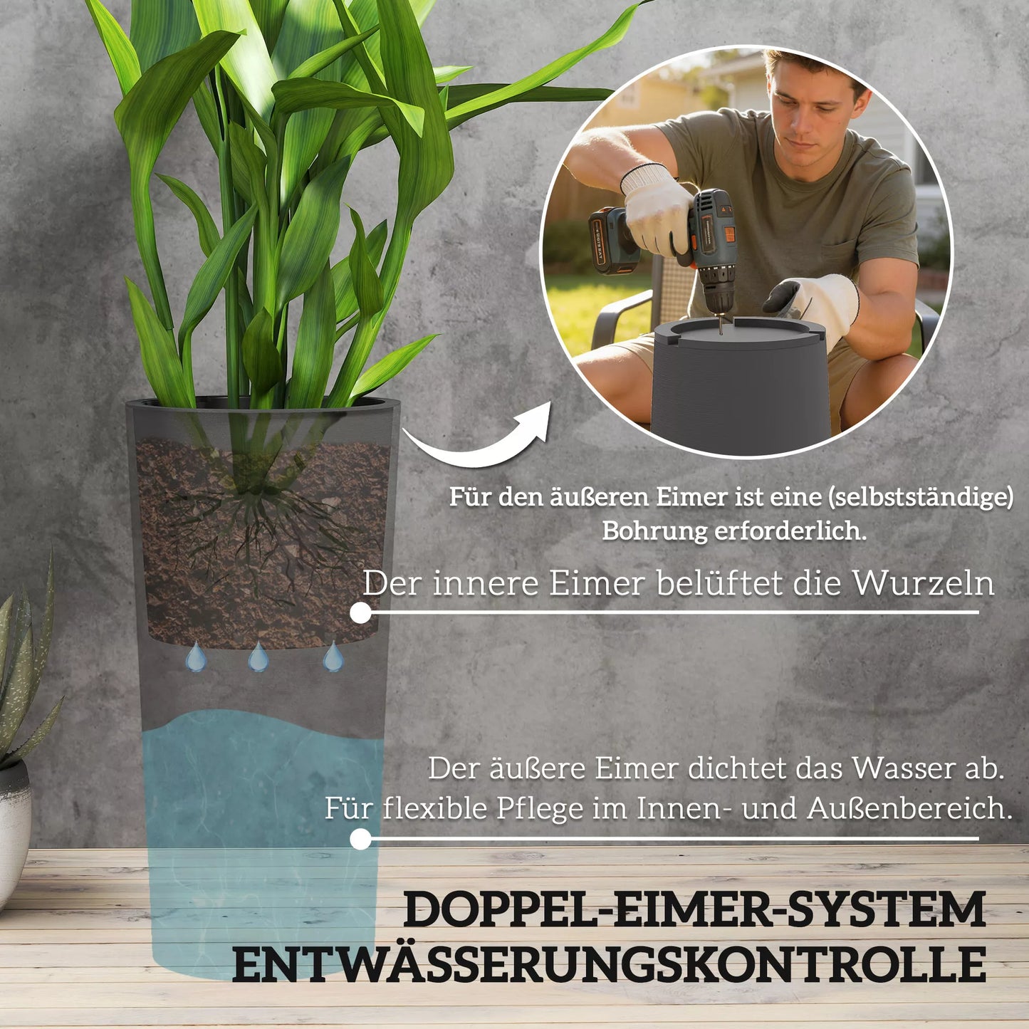 Dviejų dalių vazonų rinkinys su drenažo angomis, apvalus augalų vazonas, 35 x 35 cm, tamsiai pilka