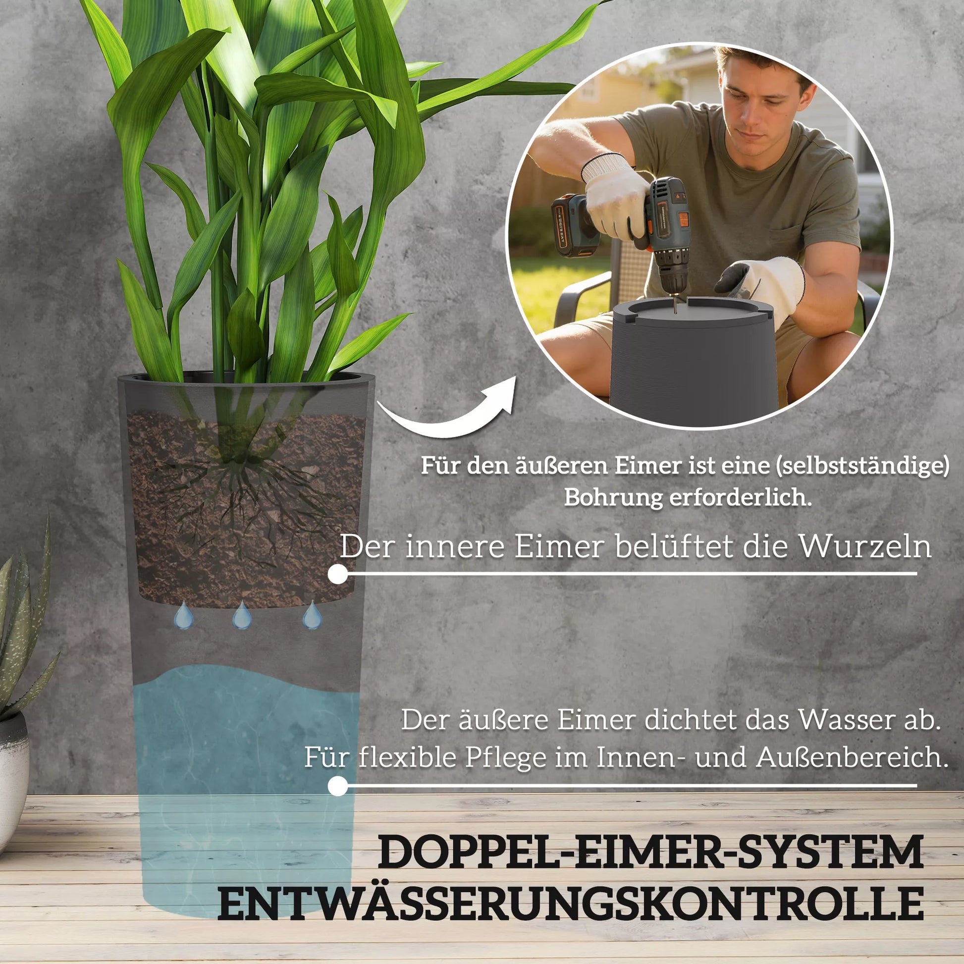 Dviejų dalių vazonų rinkinys su drenažo angomis, apvalus augalų vazonas, 35 x 35 cm, tamsiai pilka