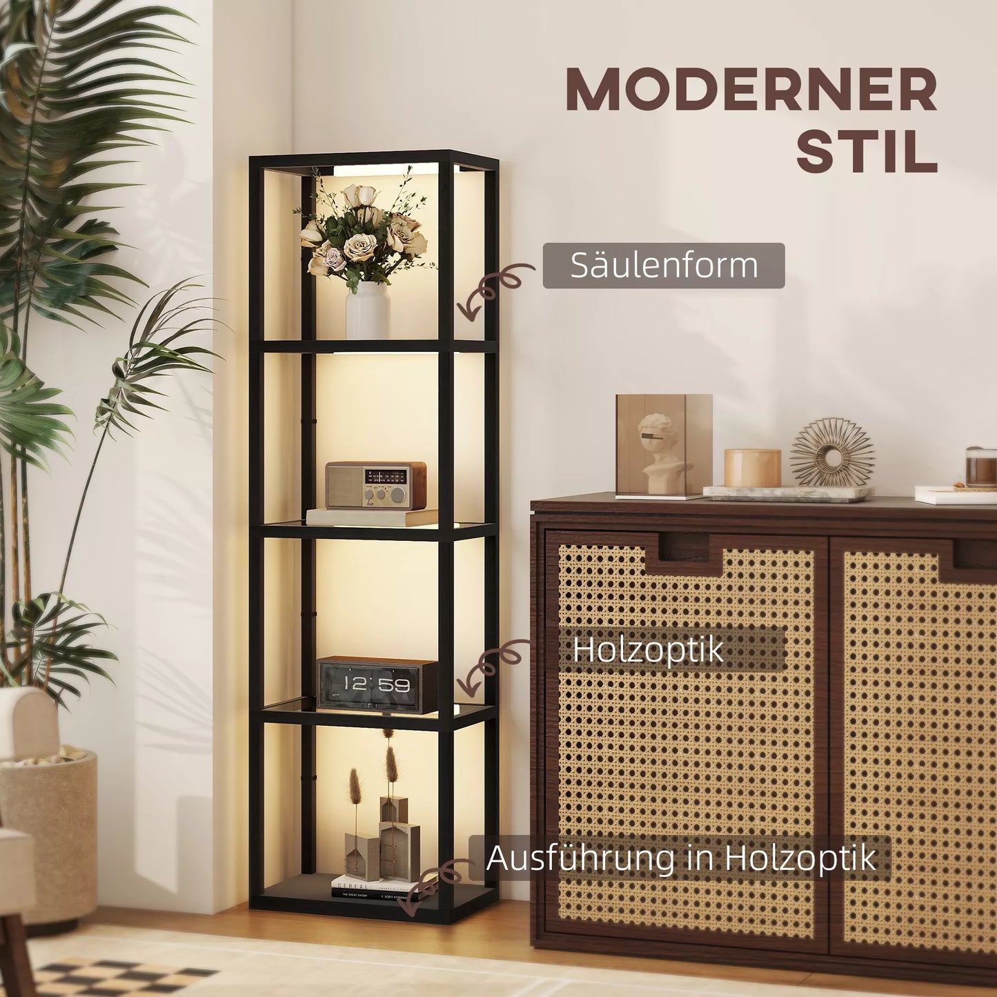 LED grindinis šviestuvas su 4 pakopų lentyna, šviečianti lentyna su 4 stiklinėmis lentynėlėmis, kojinis jungiklis, MDF, juoda spalva