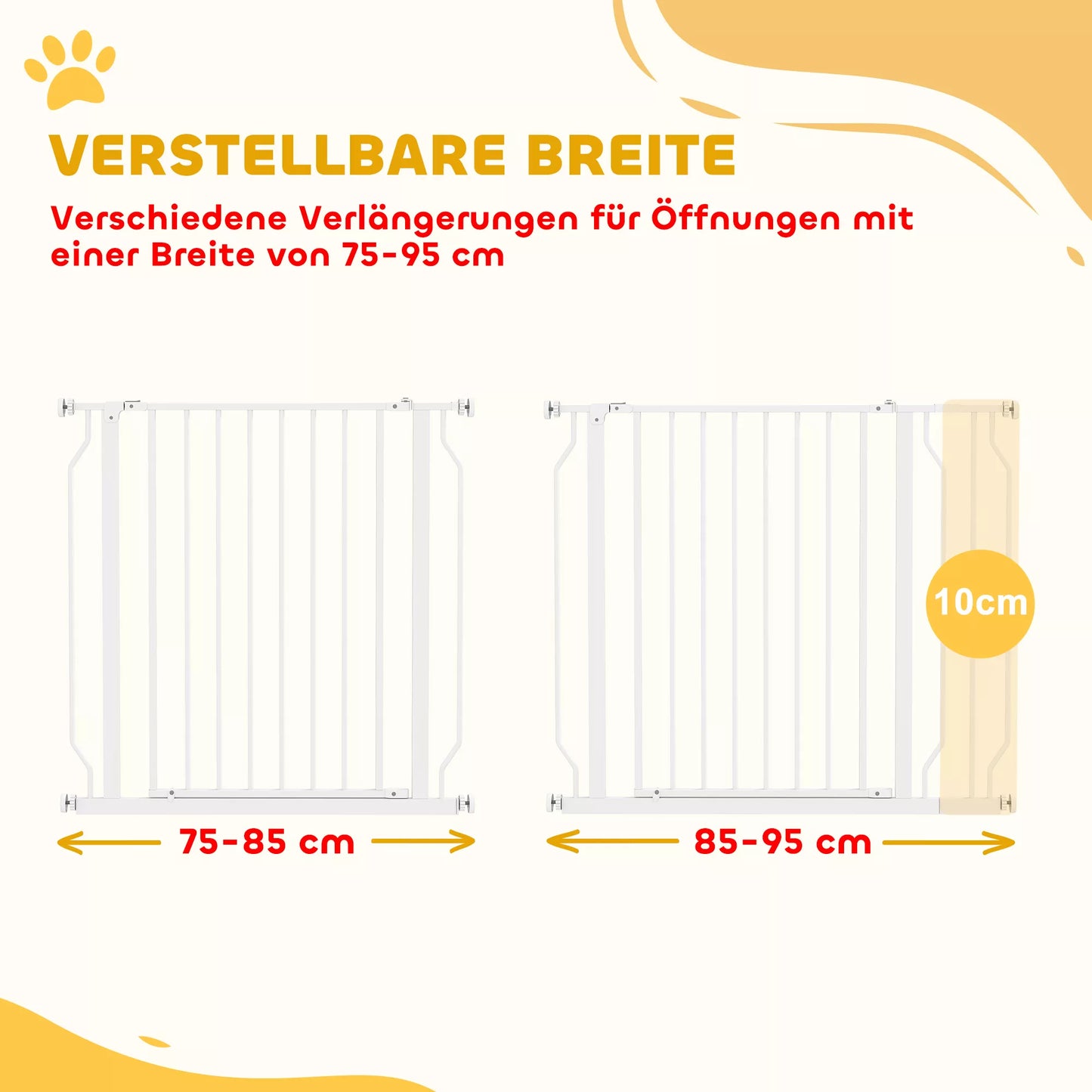 Šunų apsauginė grotelė, užtvaros grotelė, dviejų krypčių atidarymas, sieninis laikiklis su spaustukais, reguliuojamas nuo 75 cm iki 95 cm, balta spalva