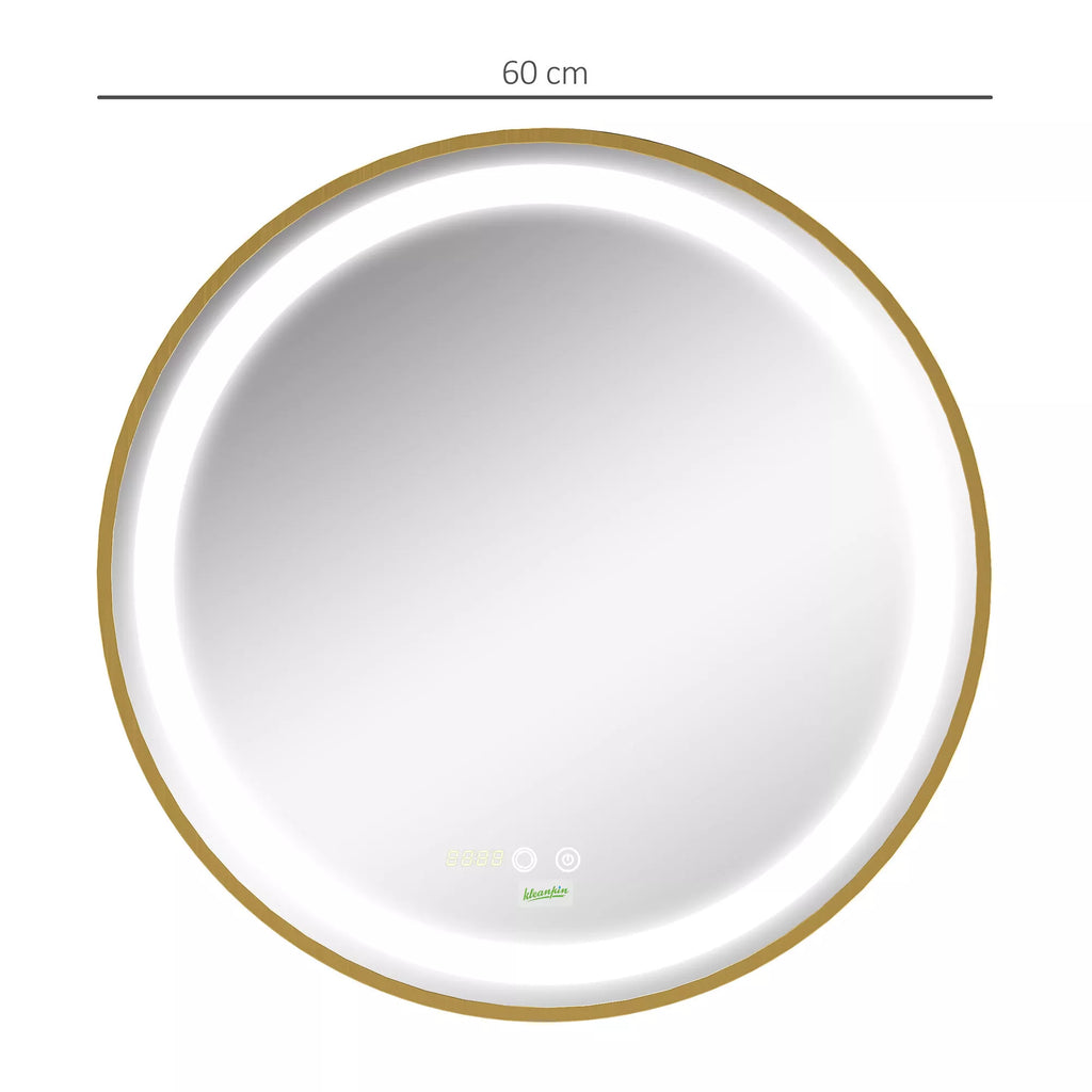 Veidrodžio matmenų schema: 60 cm skersmuo, auksinis rėmas