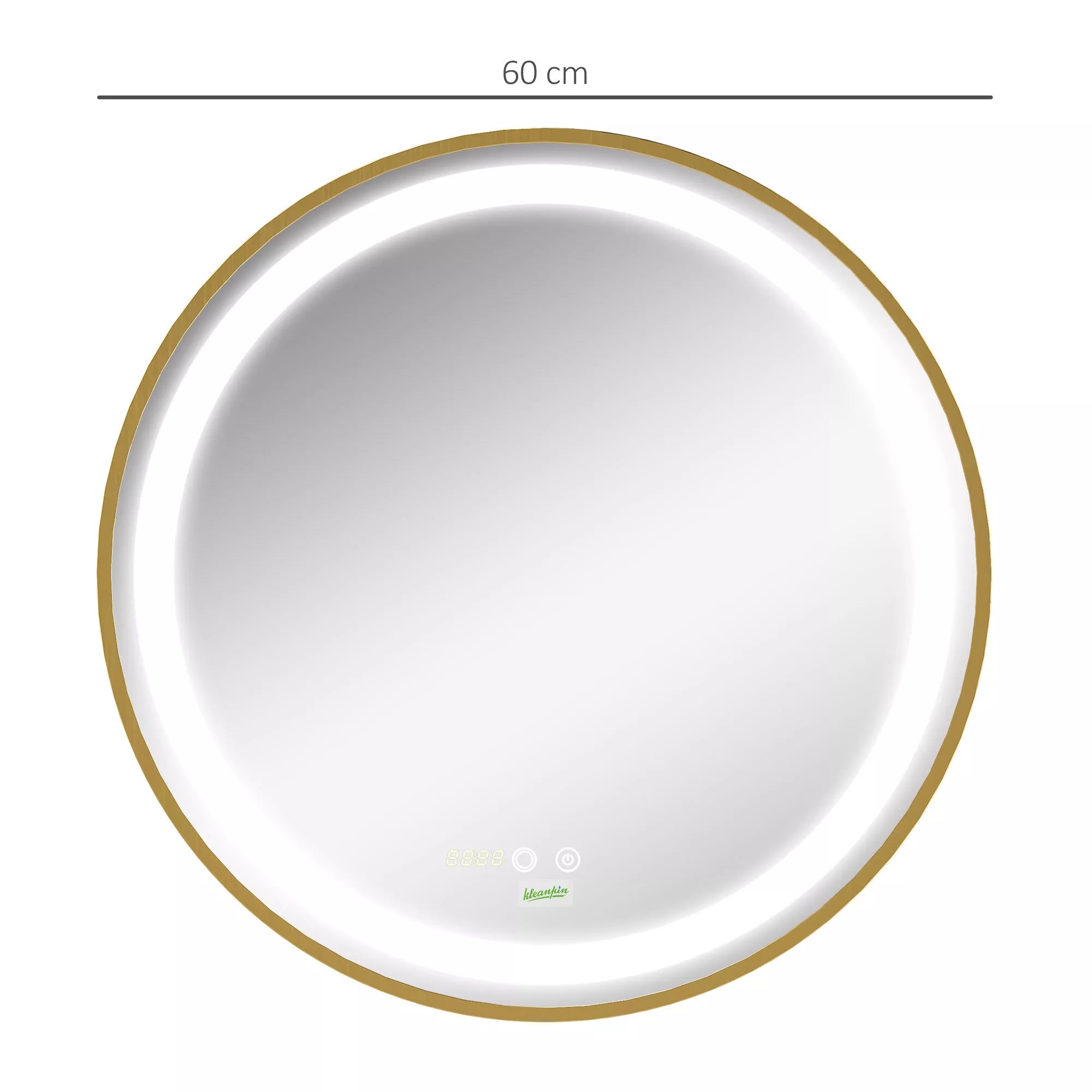 Veidrodžio matmenų schema: 60 cm skersmuo, auksinis rėmas