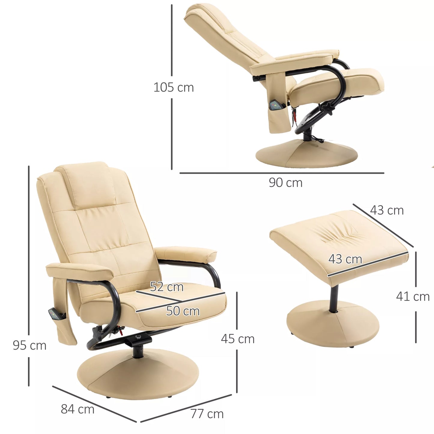 Masažinė kėdė su pakoja, besisukantis relaksacinis fotelis su masažo funkcija, elektrinis fotelis su gulėjimo funkcija, nuotolinio valdymo pultelis svetainei, dirbtinė oda, kreminė