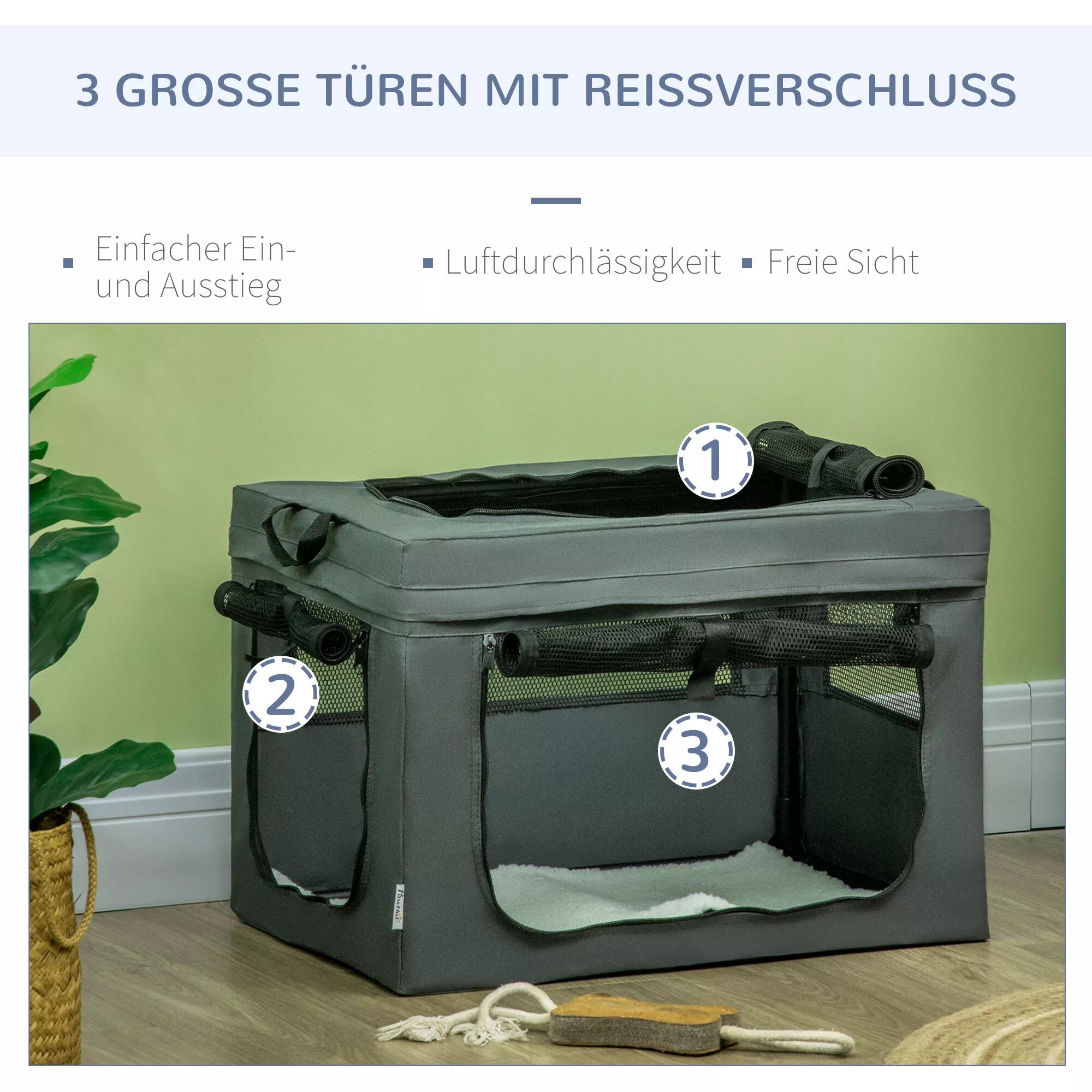 Sulankstoma transportavimo dėžutė, 3 įėjimai, su vidiniu čiužiniu, šunims ir katėms iki 4 kg/40 cm, pilka