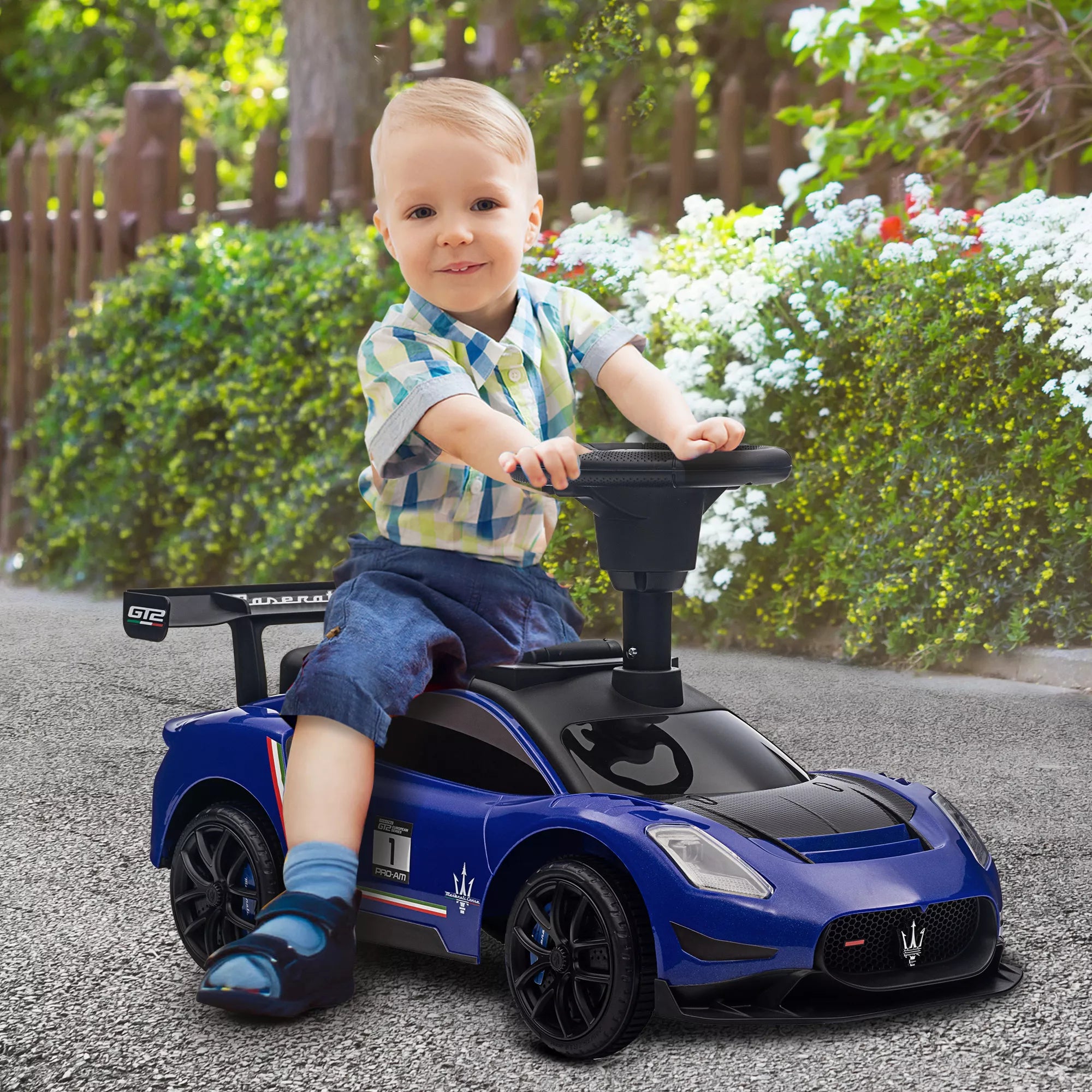 Vaikiškas paspiriamasis automobilis, licencijuota transporto priemonė, interaktyvūs garso signalo ir muzikos mygtukai, pagamintas iš plastiko ir plieno, mėlynos spalvos, išmatavimai 65 x 29 x 37 cm