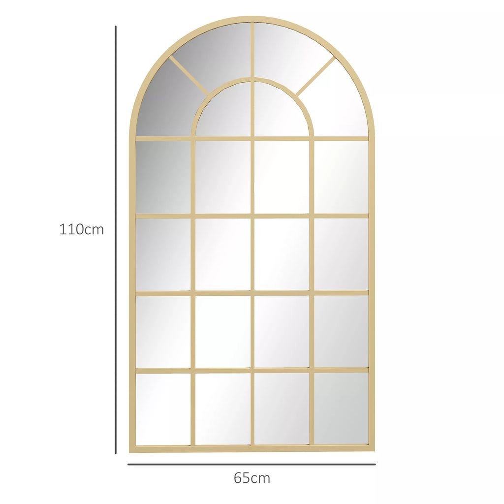 Infografika su auksinės spalvos arkinio veidrodžio matmenimis: aukštis 110 cm, plotis 65 cm