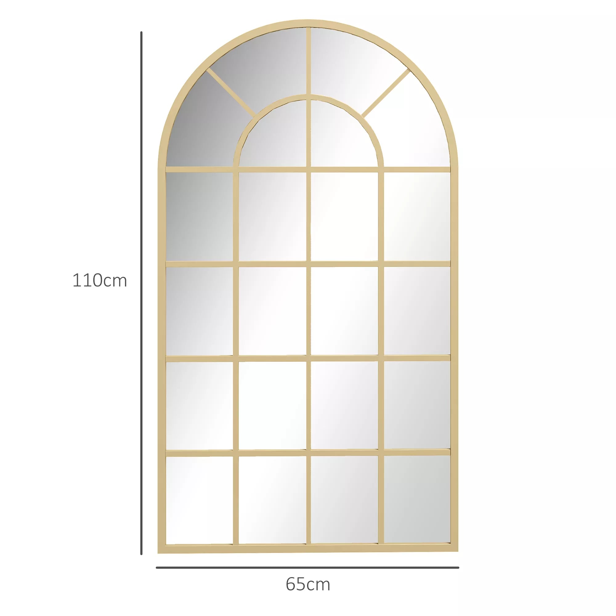Infografika su auksinės spalvos arkinio veidrodžio matmenimis: aukštis 110 cm, plotis 65 cm