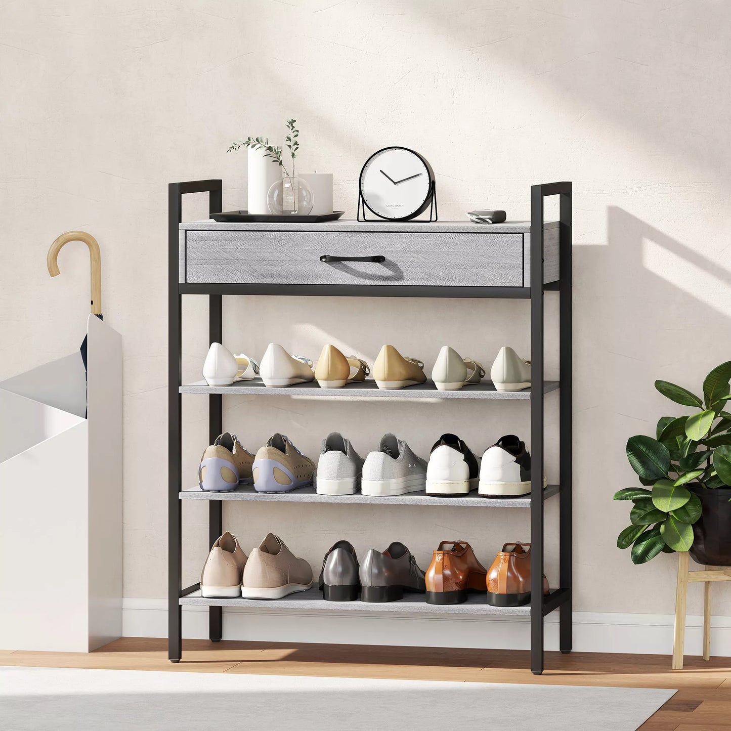 4 pakopų batų lentyna, prieškambario lentyna iki 9 porų batų, medžio drožlių plokštė, metalas, pilka