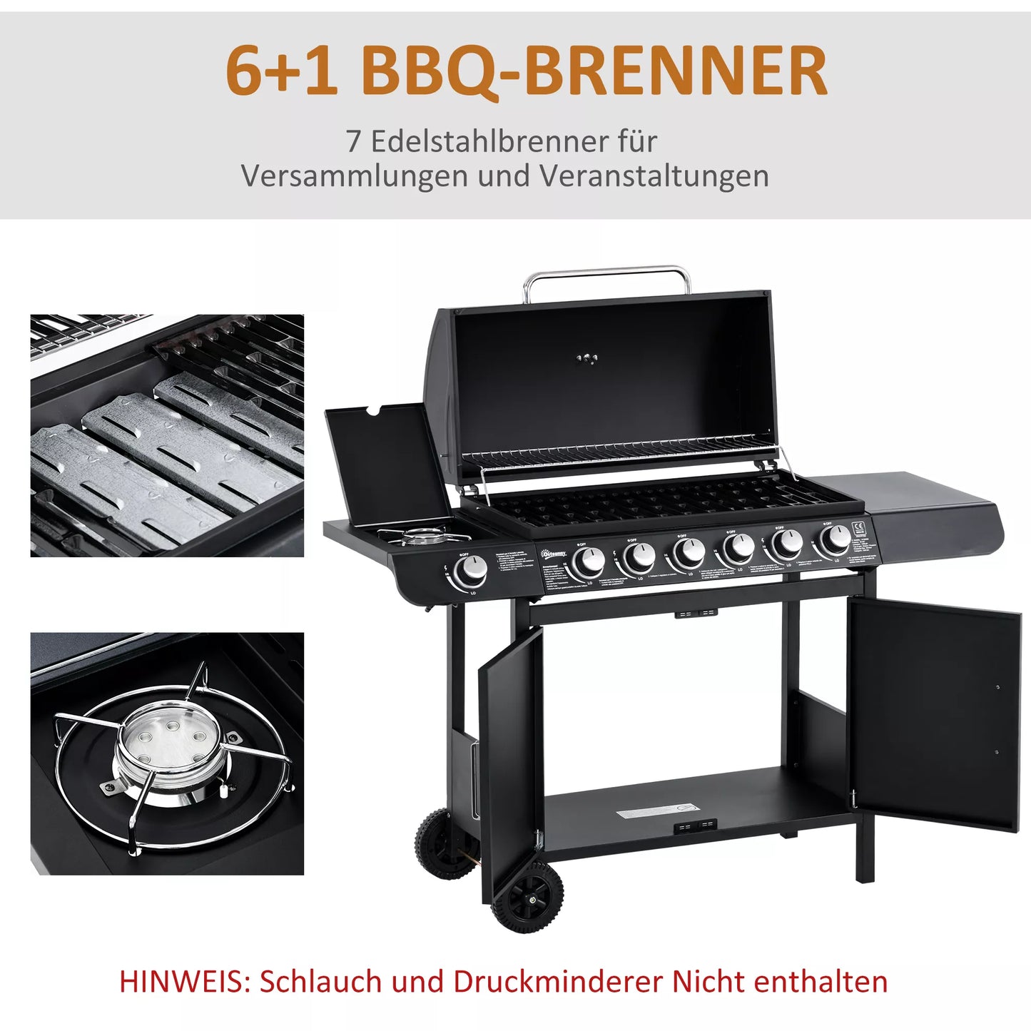 Dujinis BBQ grilius su 7 degikliais, įsk. termometrą, mobilus, juodas