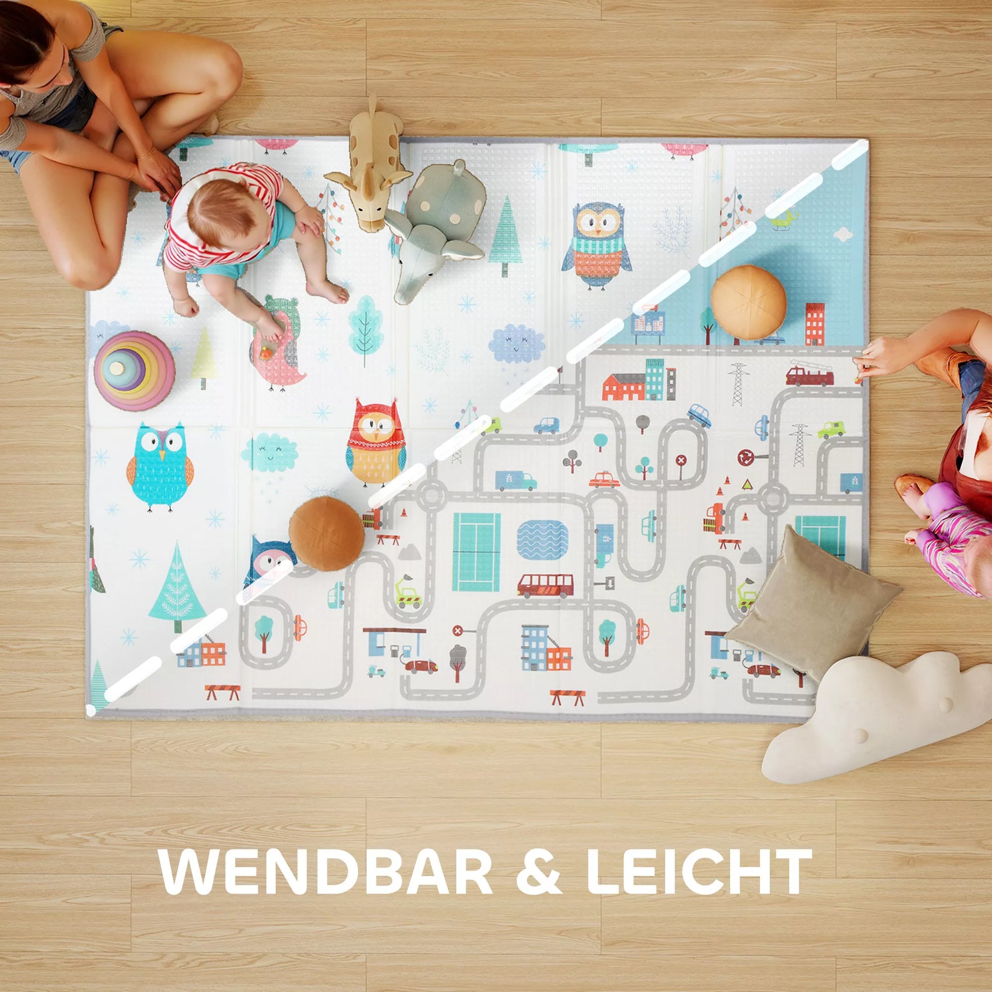 Kūdikio žaidimų kilimėlis, gyvūnėlių raštas, putplastis, 1,5 cm storio paminkštinimas, neslystantis