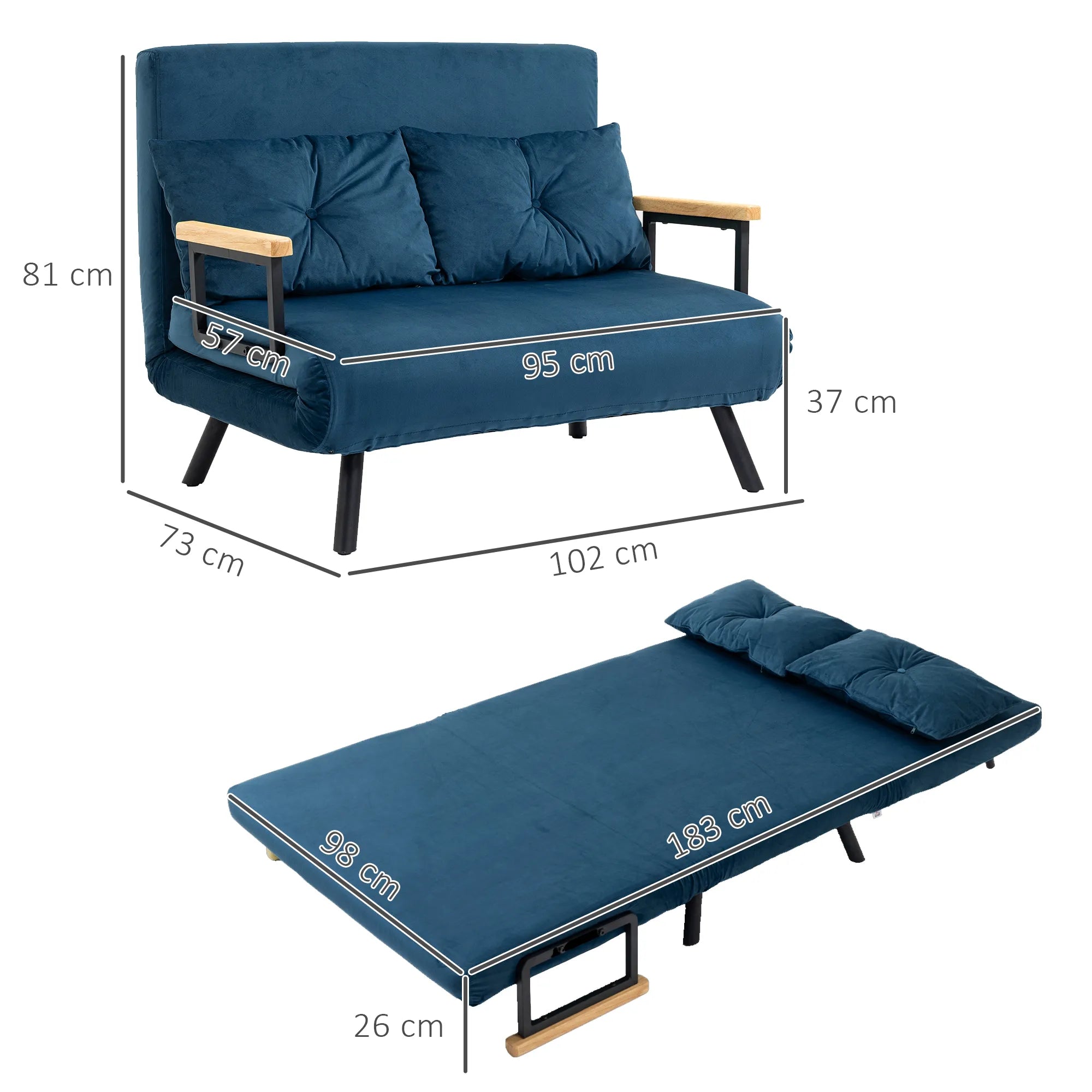 Miegama sofa 2 vietų sofa,  velvetinė sofa, miegojimo funkcija, su 2 pagalvėlėmis, velveto išvaizda, natūrali + mėlyna