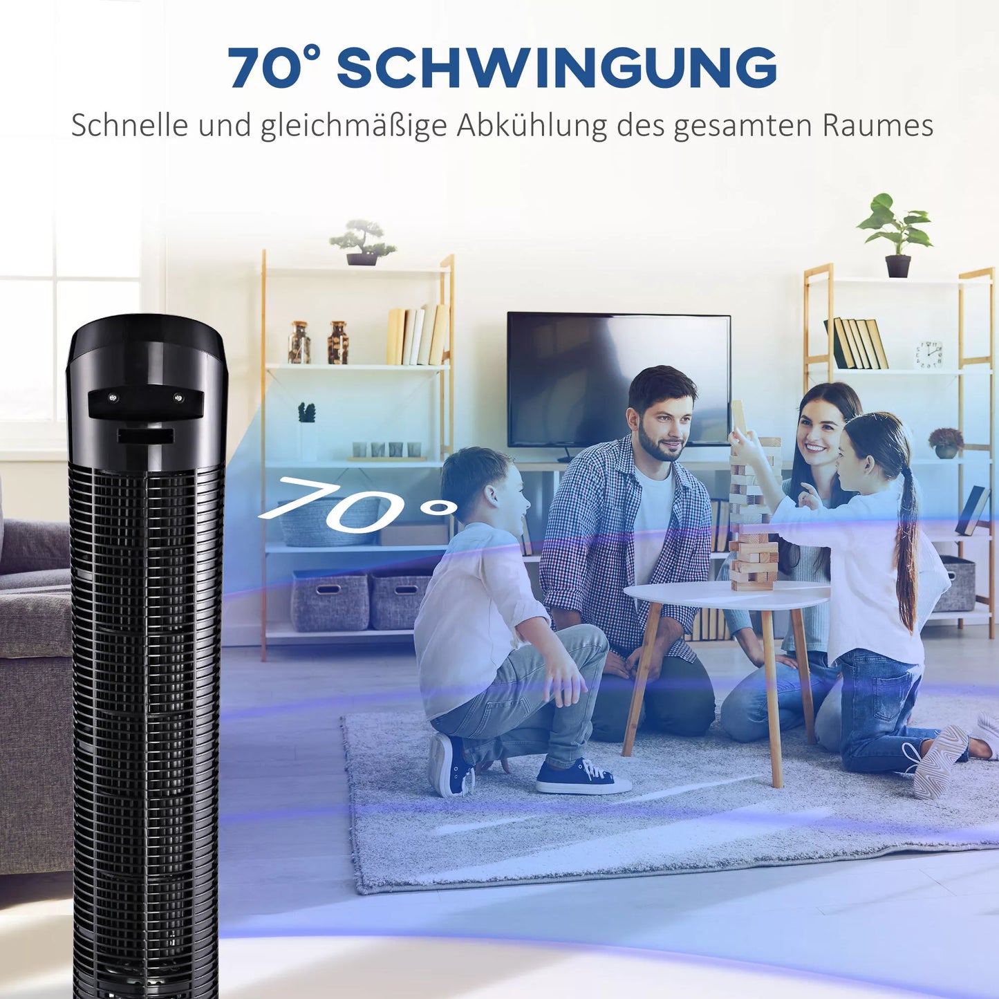 Stovinis ventiliatorius 45 W Bokštinis ventiliatorius Tylus ventiliatorius 3 ventiliacijos lygiai, 70° svyravimas, ABS, juodas, Ø27 x H75 cm