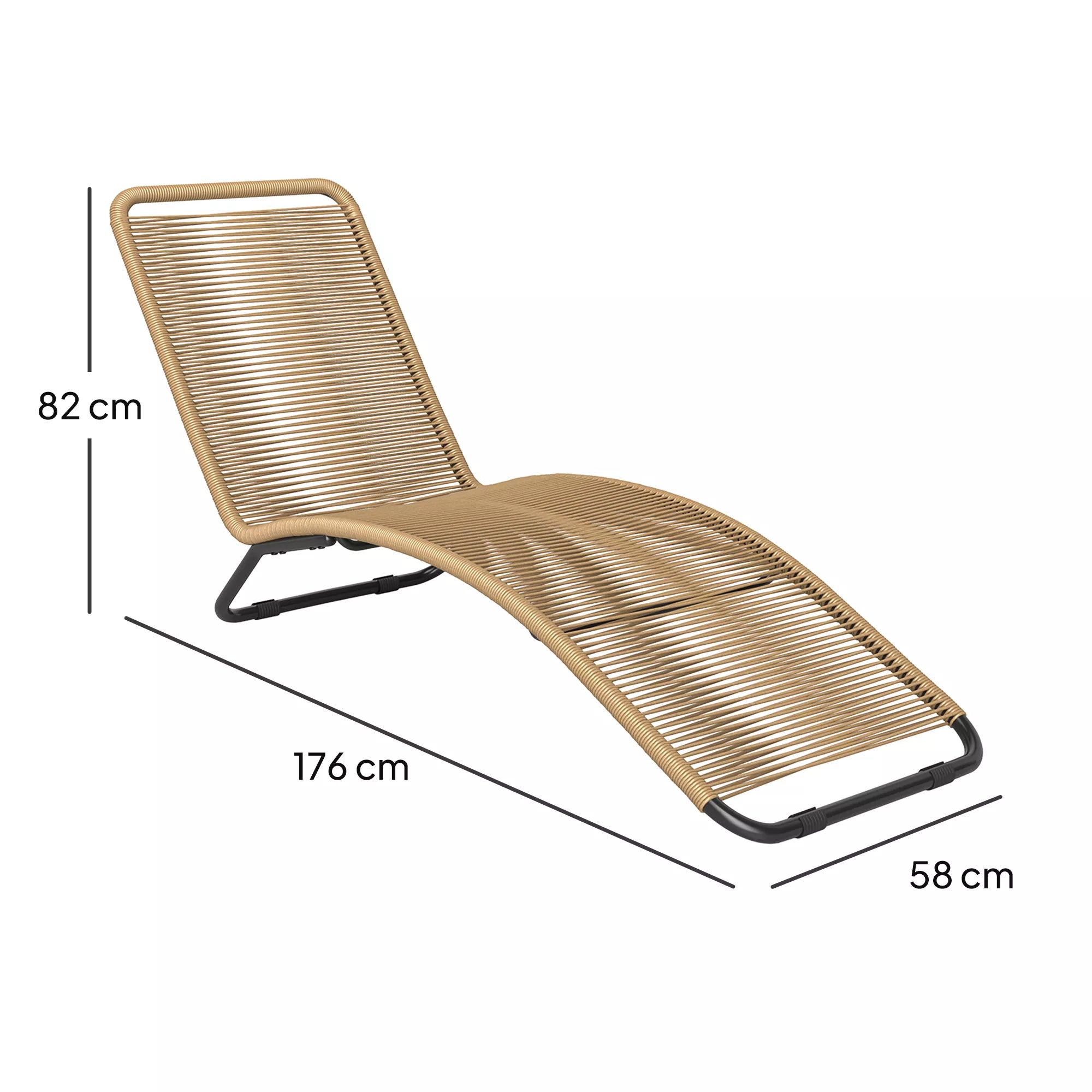 Techninis brėžinys: krėslo ilgis 176 cm, plotis 58 cm, aukštis 82 cm.