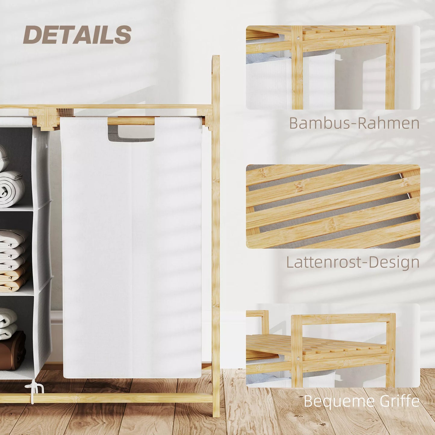 Skalbinių krepšys su skalbinių maišu, audinio stalčius, bambukas, 70x36x70 cm, Balta/mediena