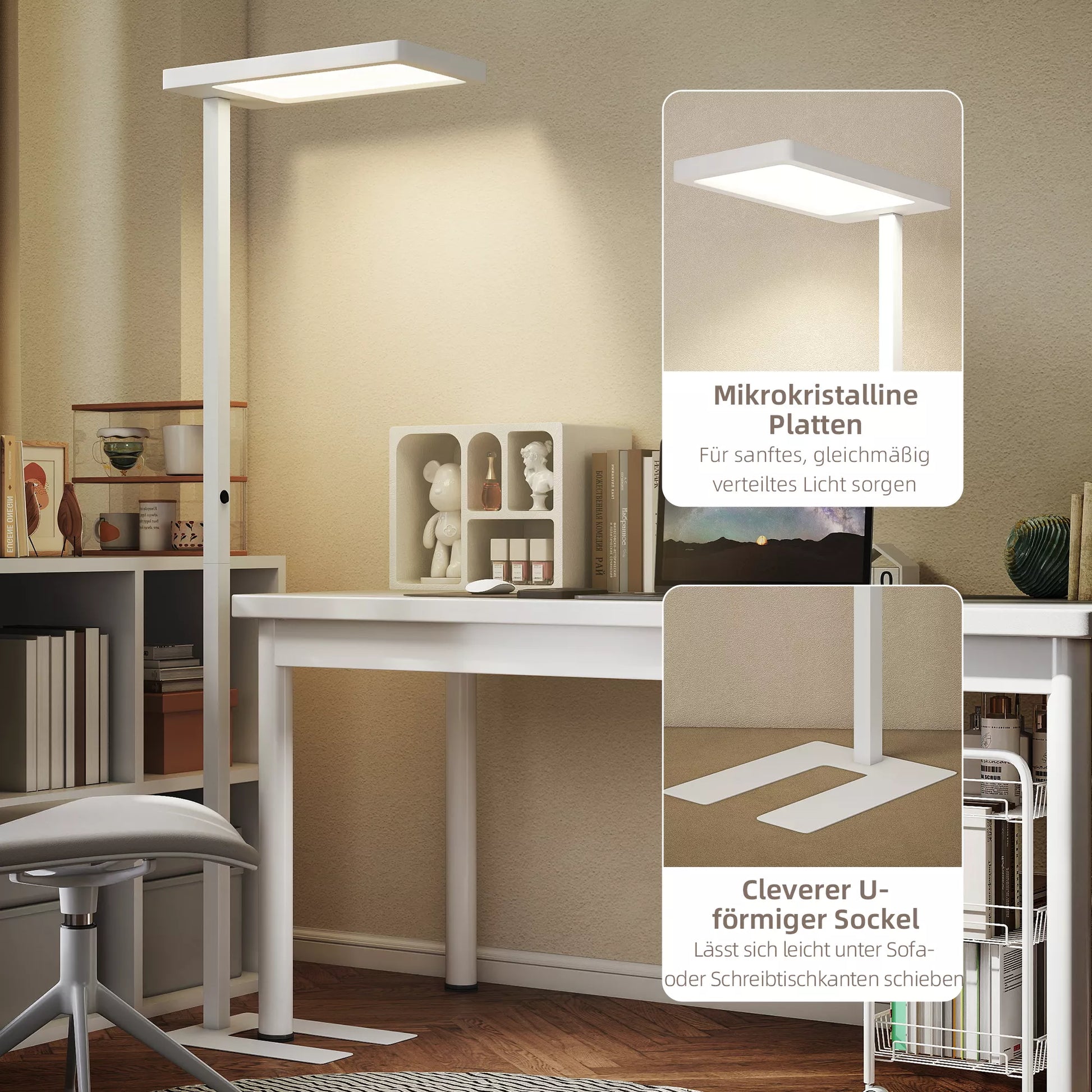 LED stovas, akis tausojantis apšvietimas, grindų lempa su nuotolinio valdymo pultu, reguliuojamas ryškumas, plastikas, metalas, balta spalva