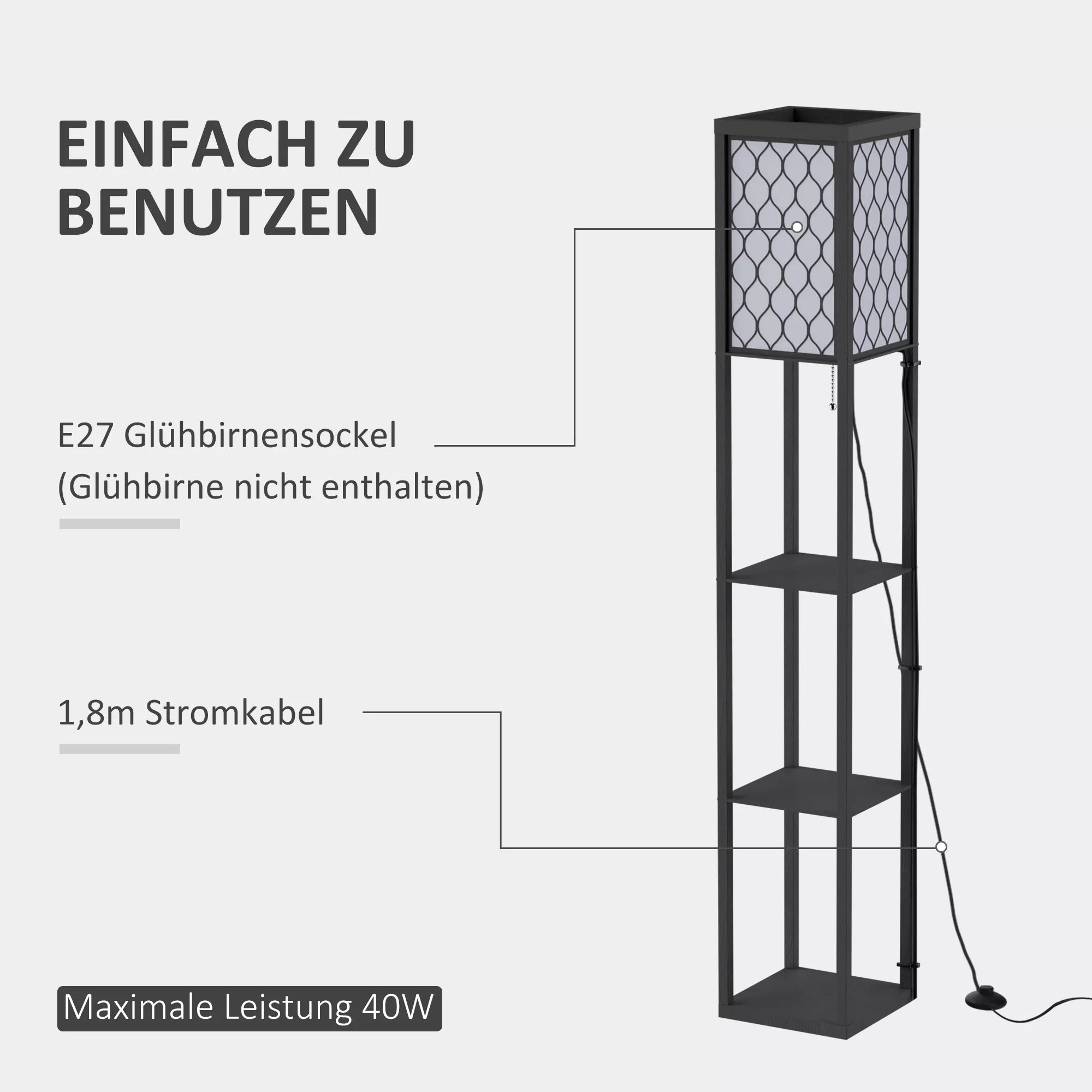 Stovinti lempa svetainė su lentyna, stovinti lempa su E27 lizdu, skirta svetainėms ir miegamiesiems, be lemputės