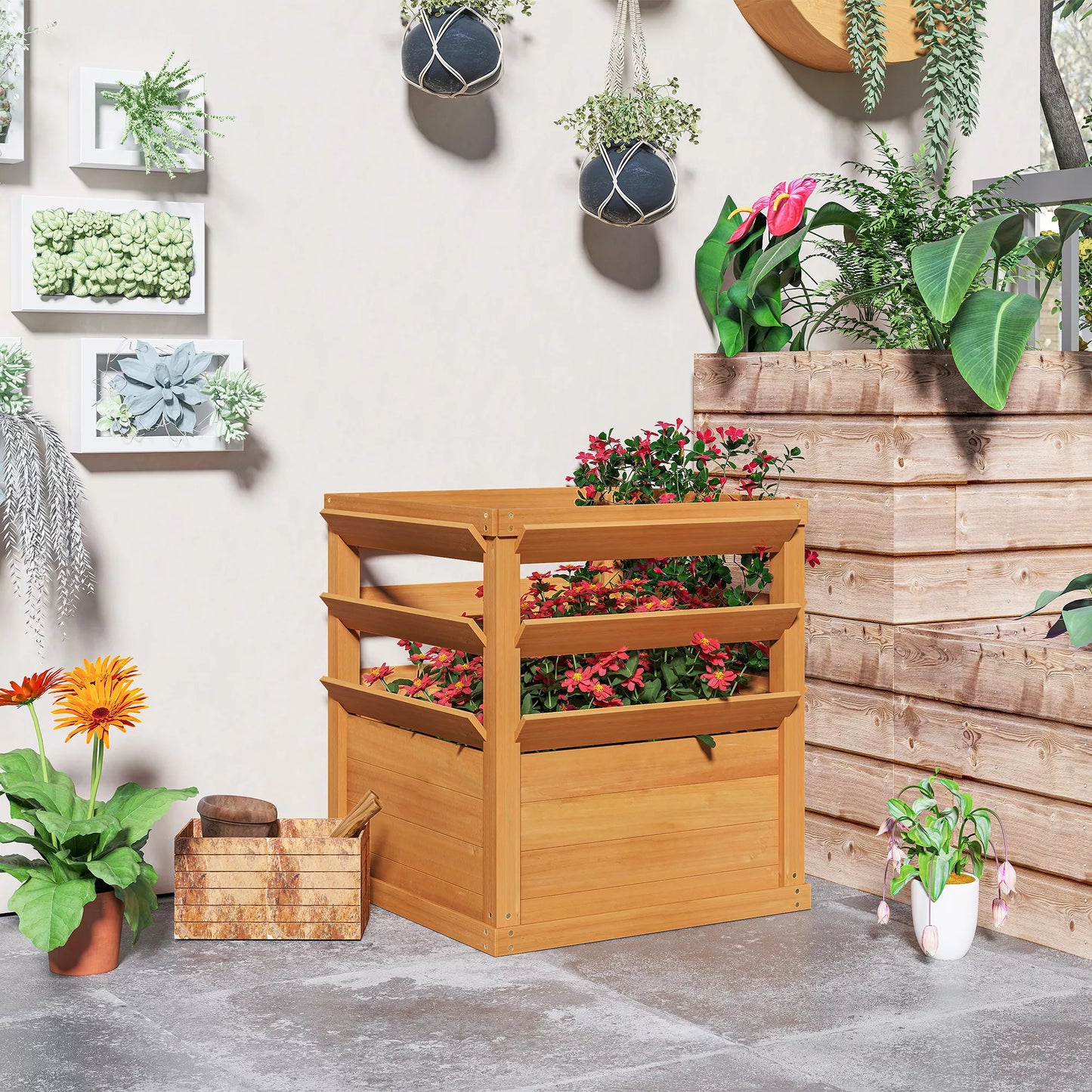 Pakeltas lysvas sodinimo dėžė su vijoklių atrama, vazonas medinis 65 x 65 x 60 cm karamelės rudumo