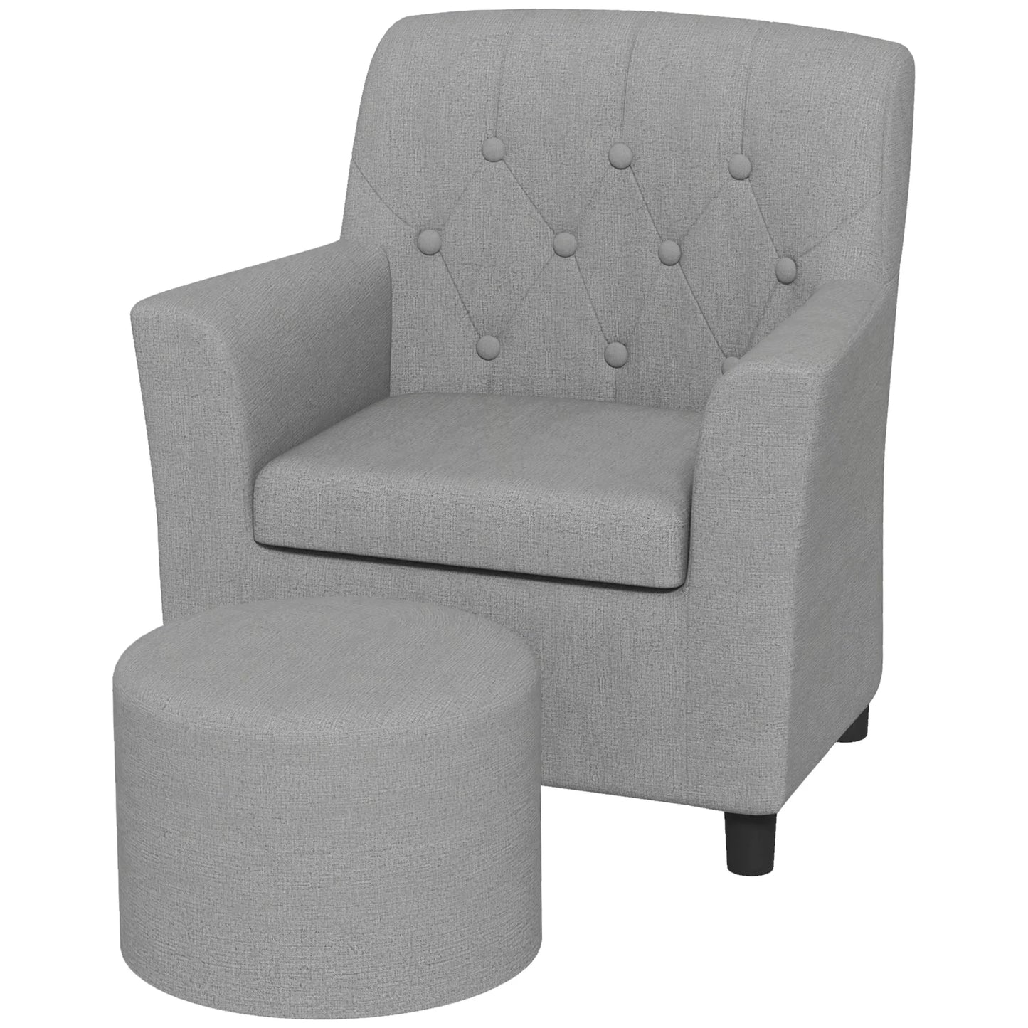 Vaikų fotelis su pufiku, atlošas su rombų raštu, minkšta sėdynė, medinis rėmas, pilkas